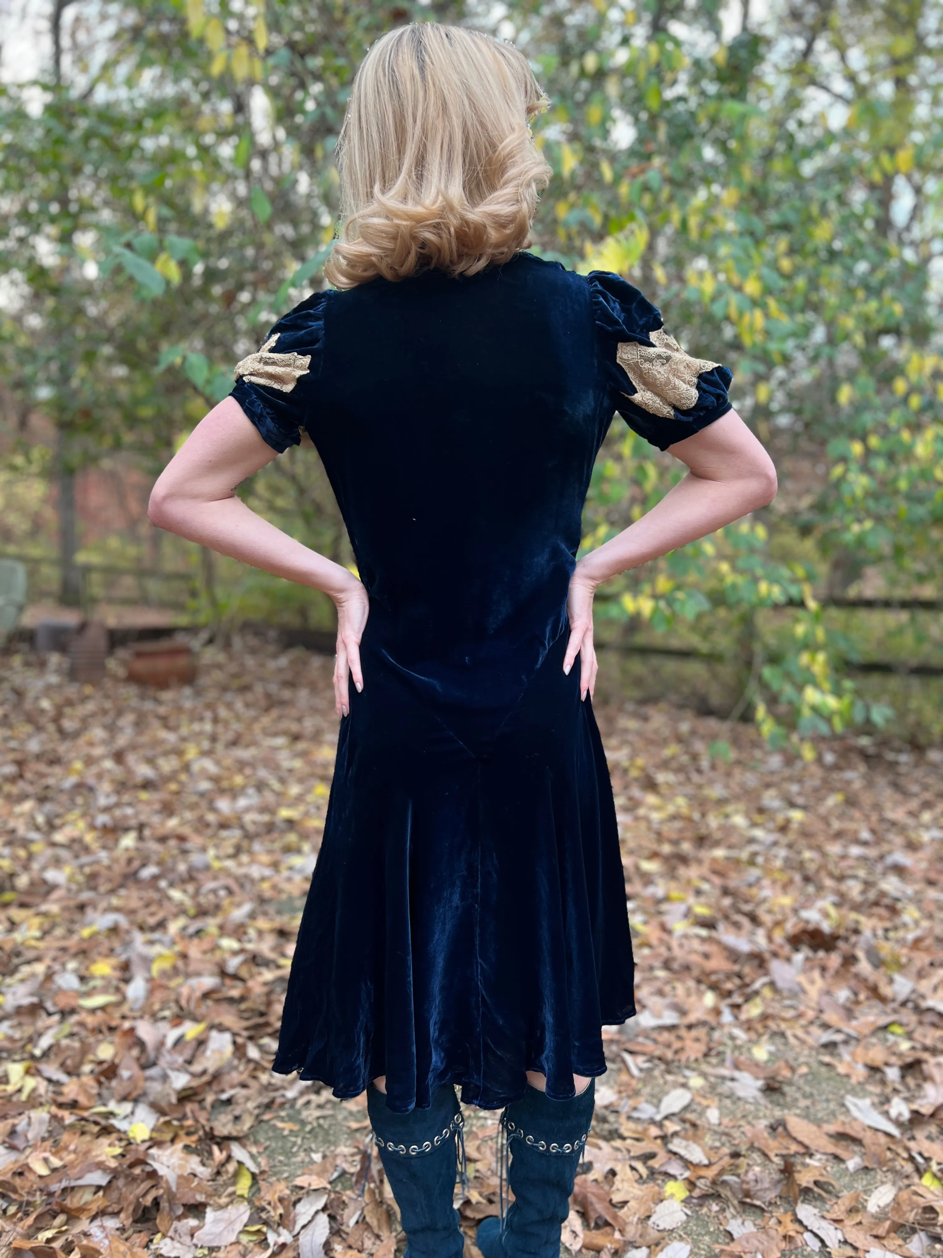 30s Blue Silk Velvet Bias Cut Vintage Dress with Lace