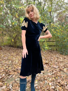 30s Blue Silk Velvet Bias Cut Vintage Dress with Lace