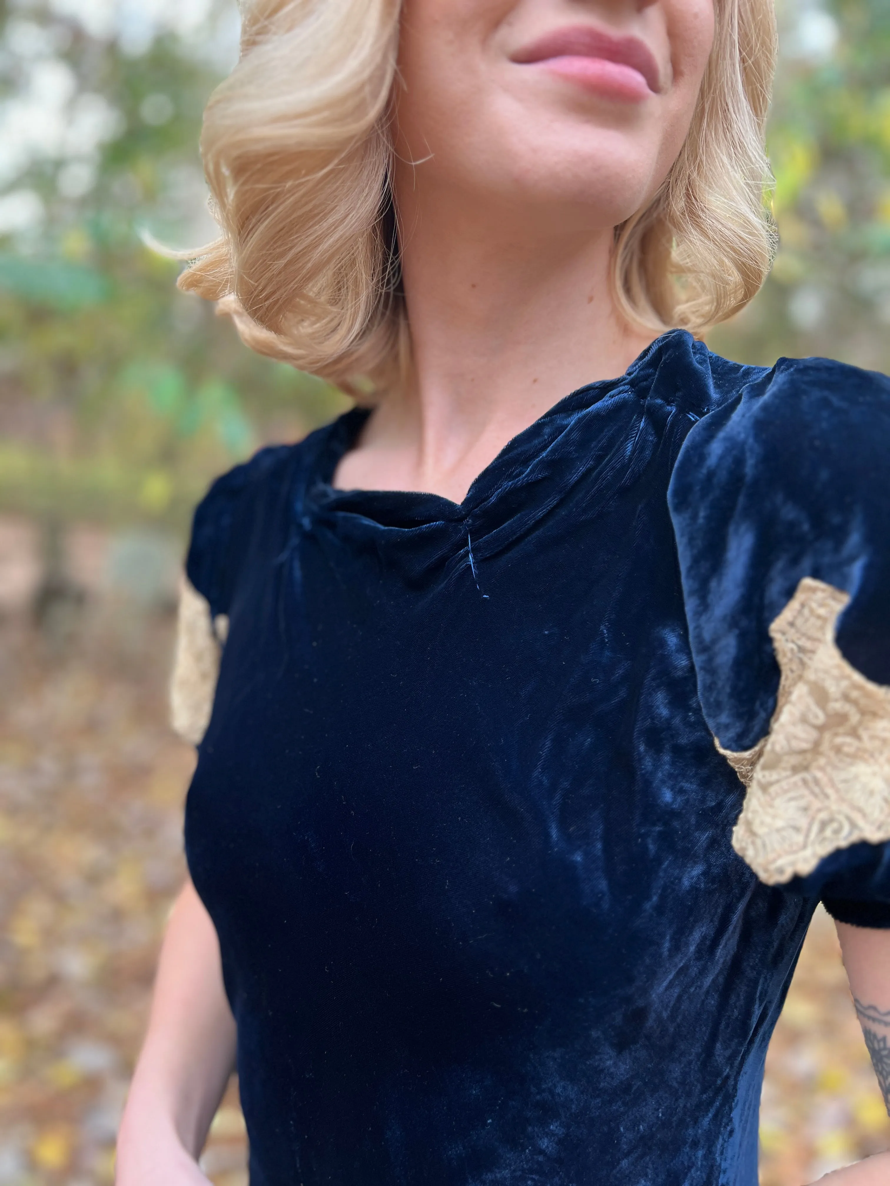 30s Blue Silk Velvet Bias Cut Vintage Dress with Lace