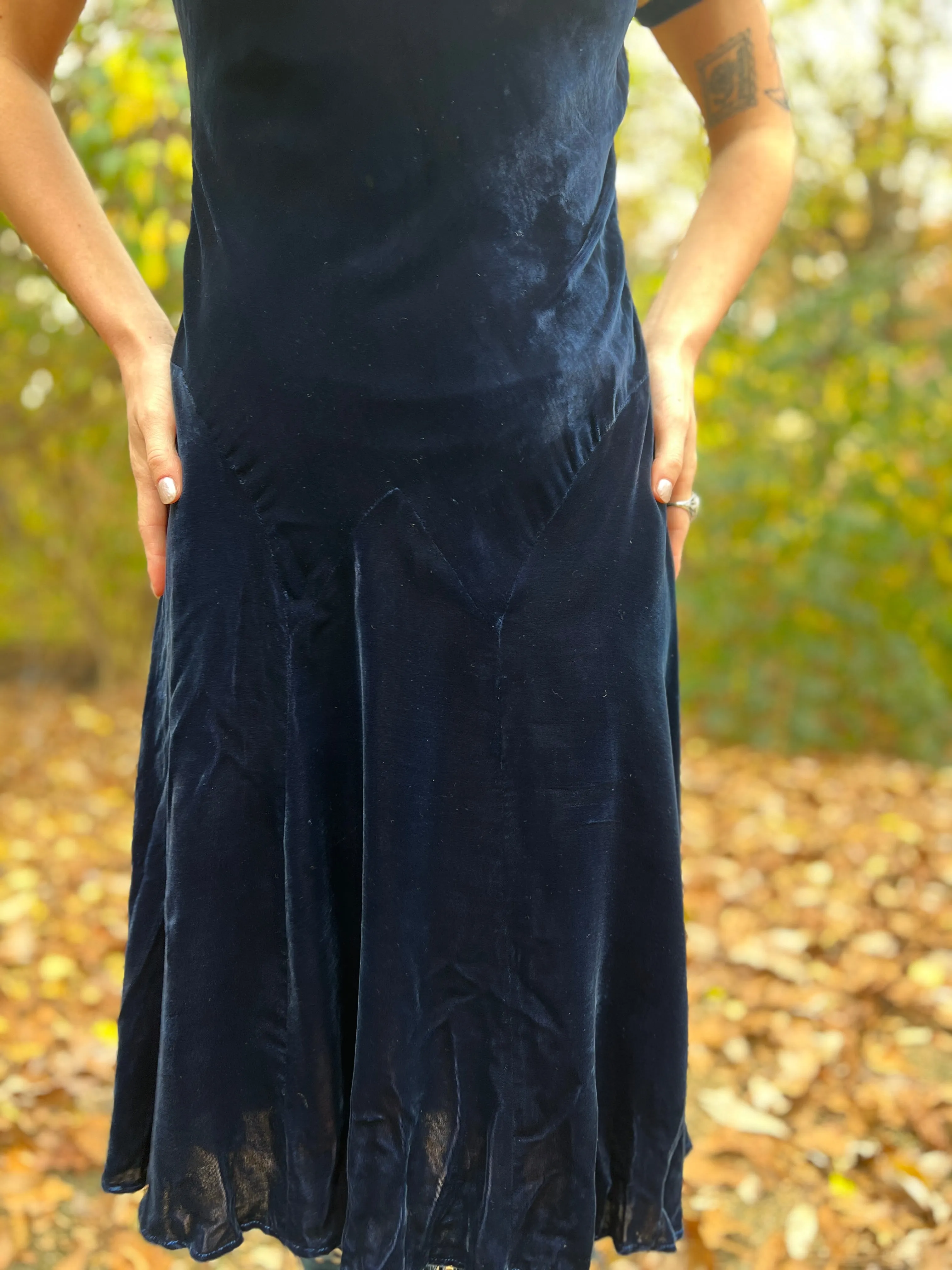 30s Blue Silk Velvet Bias Cut Vintage Dress with Lace