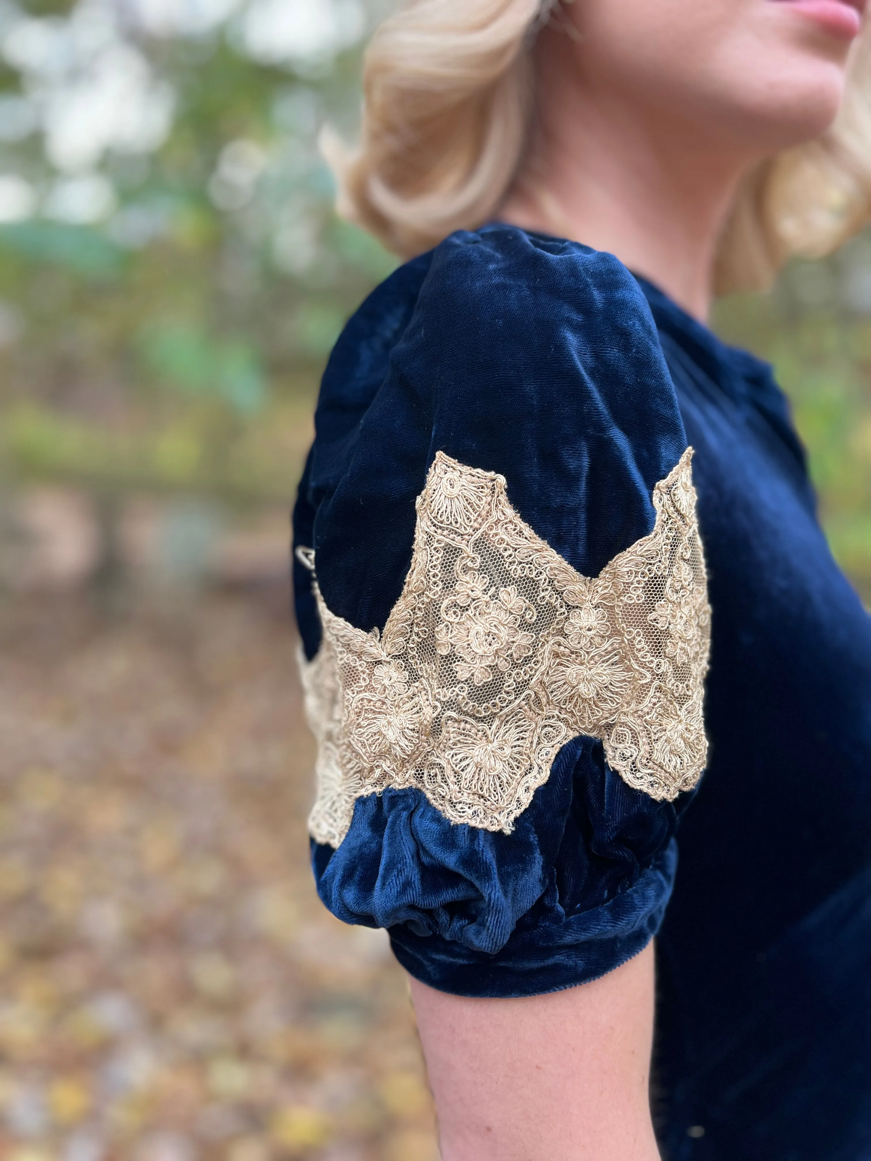 30s Blue Silk Velvet Bias Cut Vintage Dress with Lace