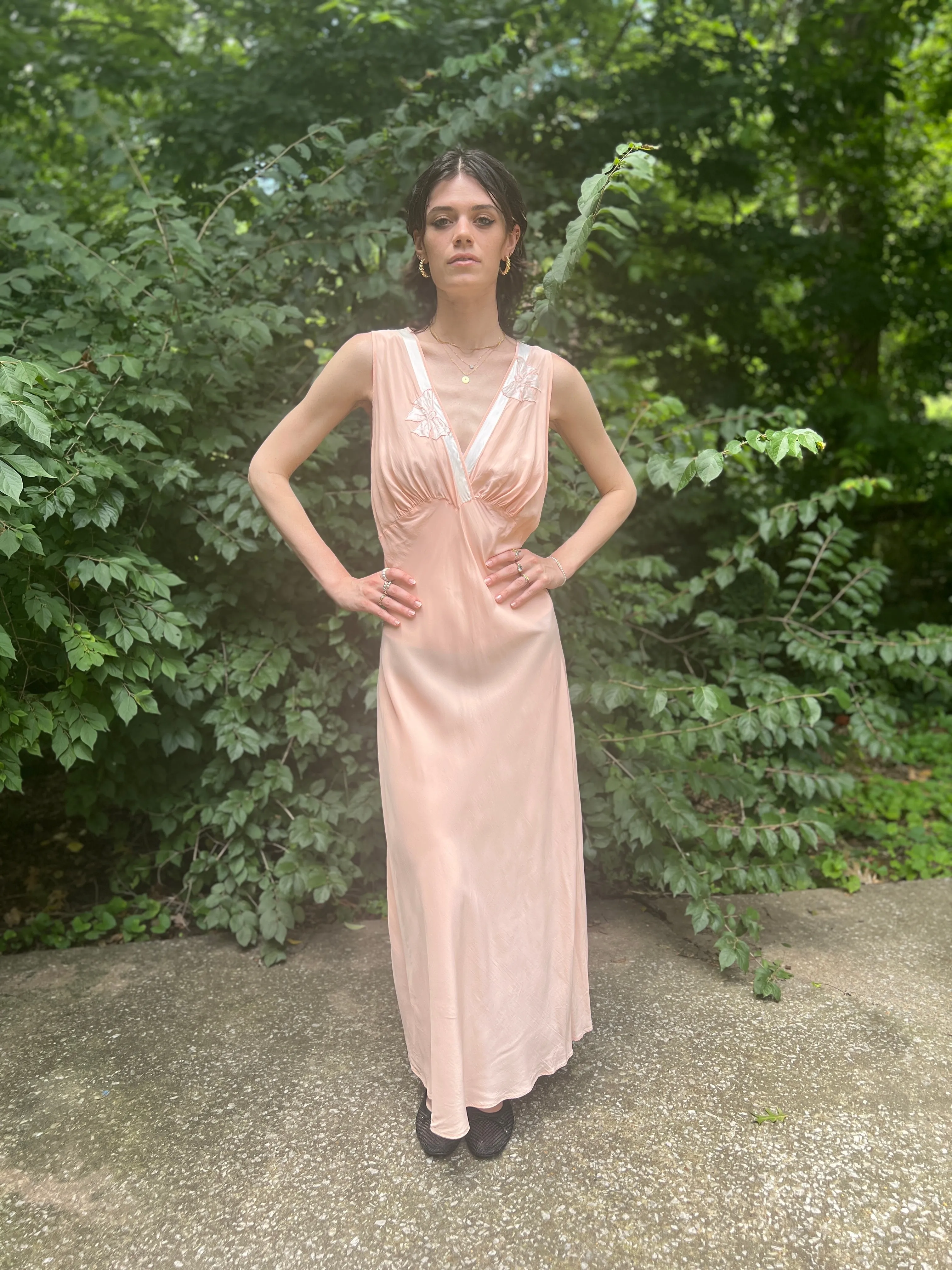 40s Pink Dress Gown with White Embroidered Bows, Barbizon