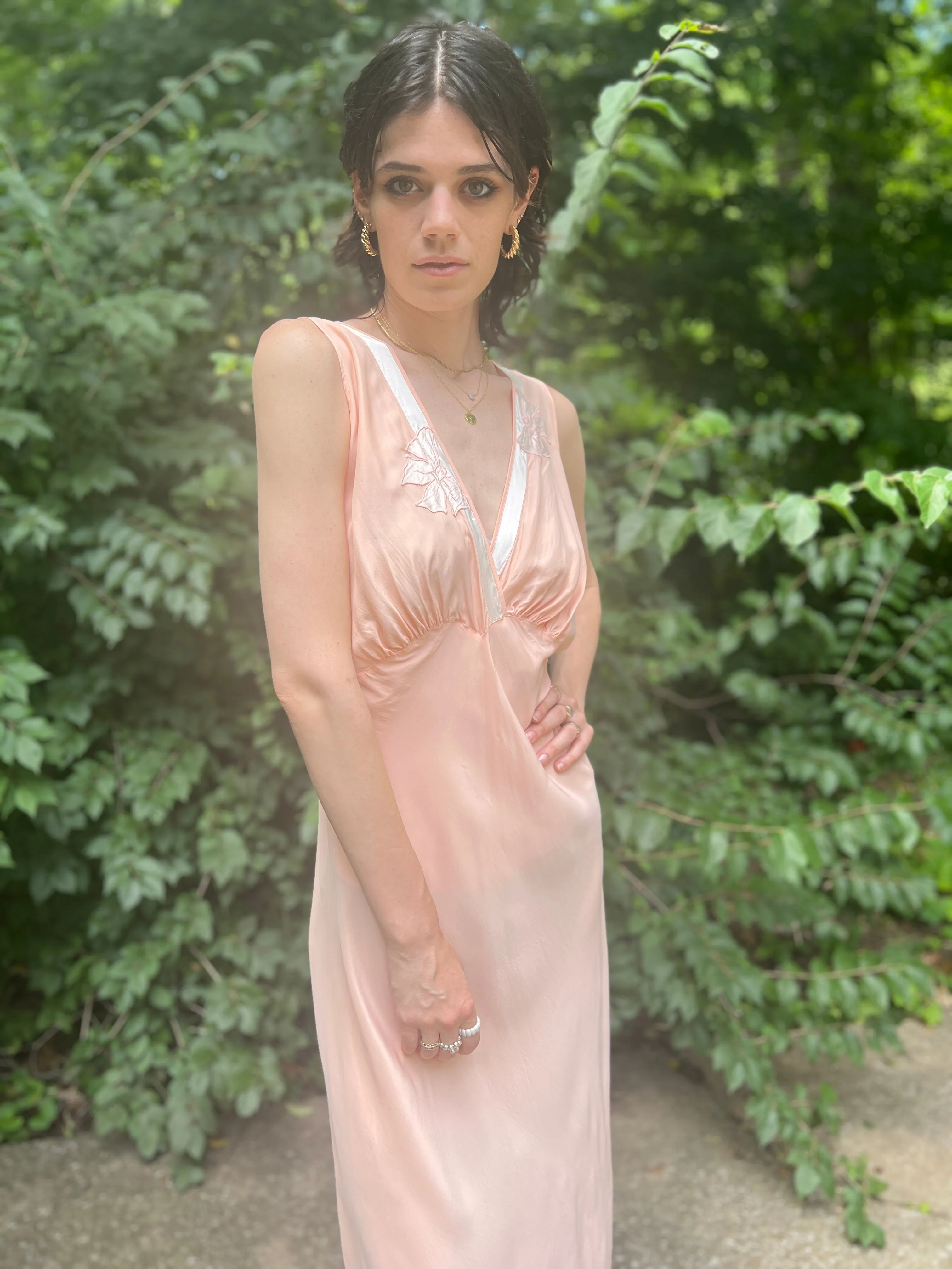 40s Pink Dress Gown with White Embroidered Bows, Barbizon