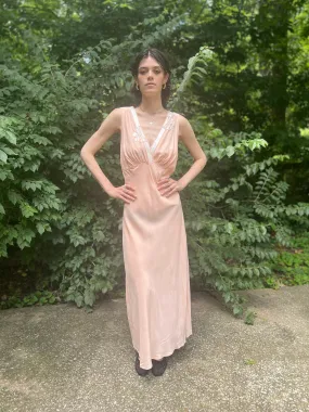 40s Pink Dress Gown with White Embroidered Bows, Barbizon