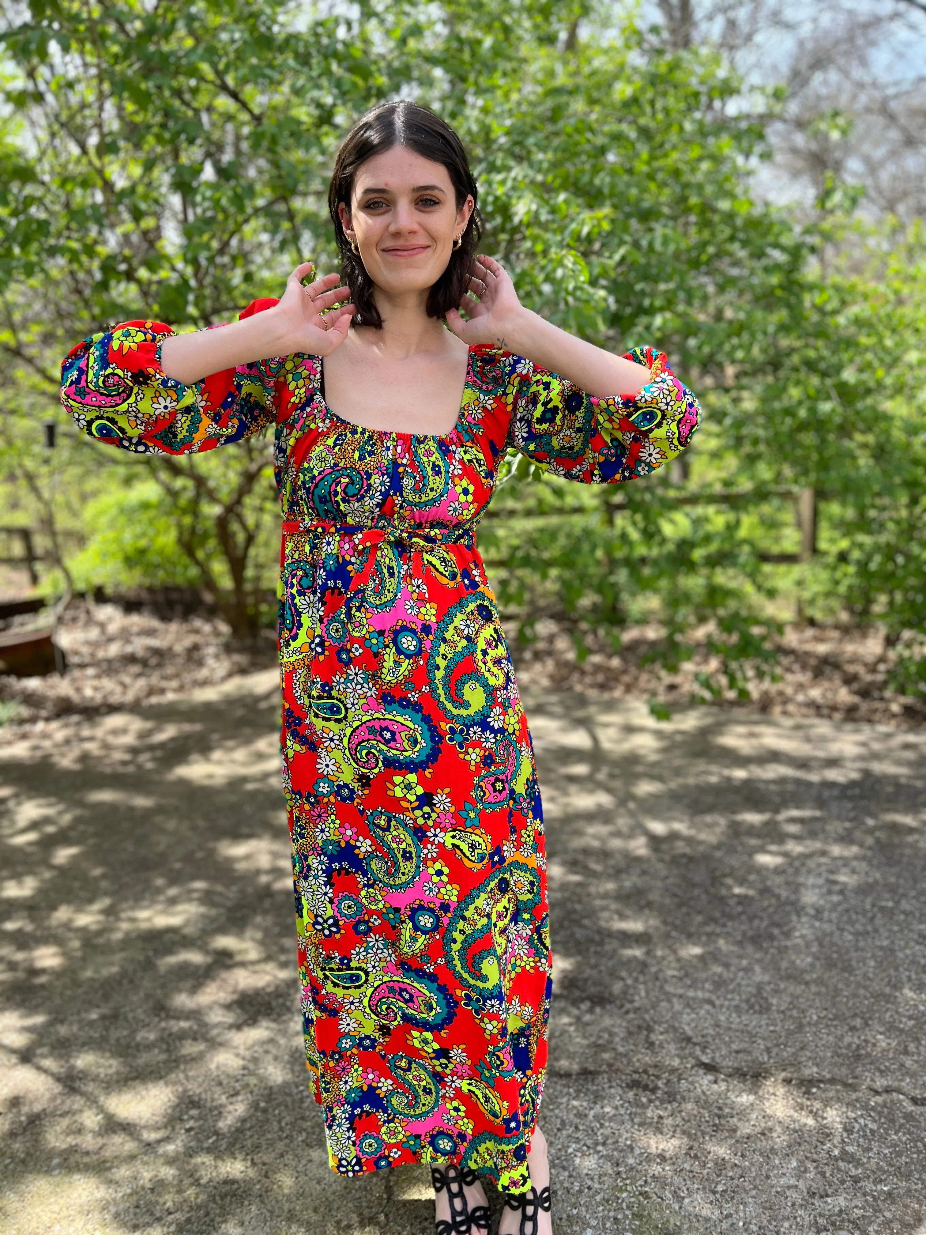 60s Red Floral Paisley Vintage Maxi Dress