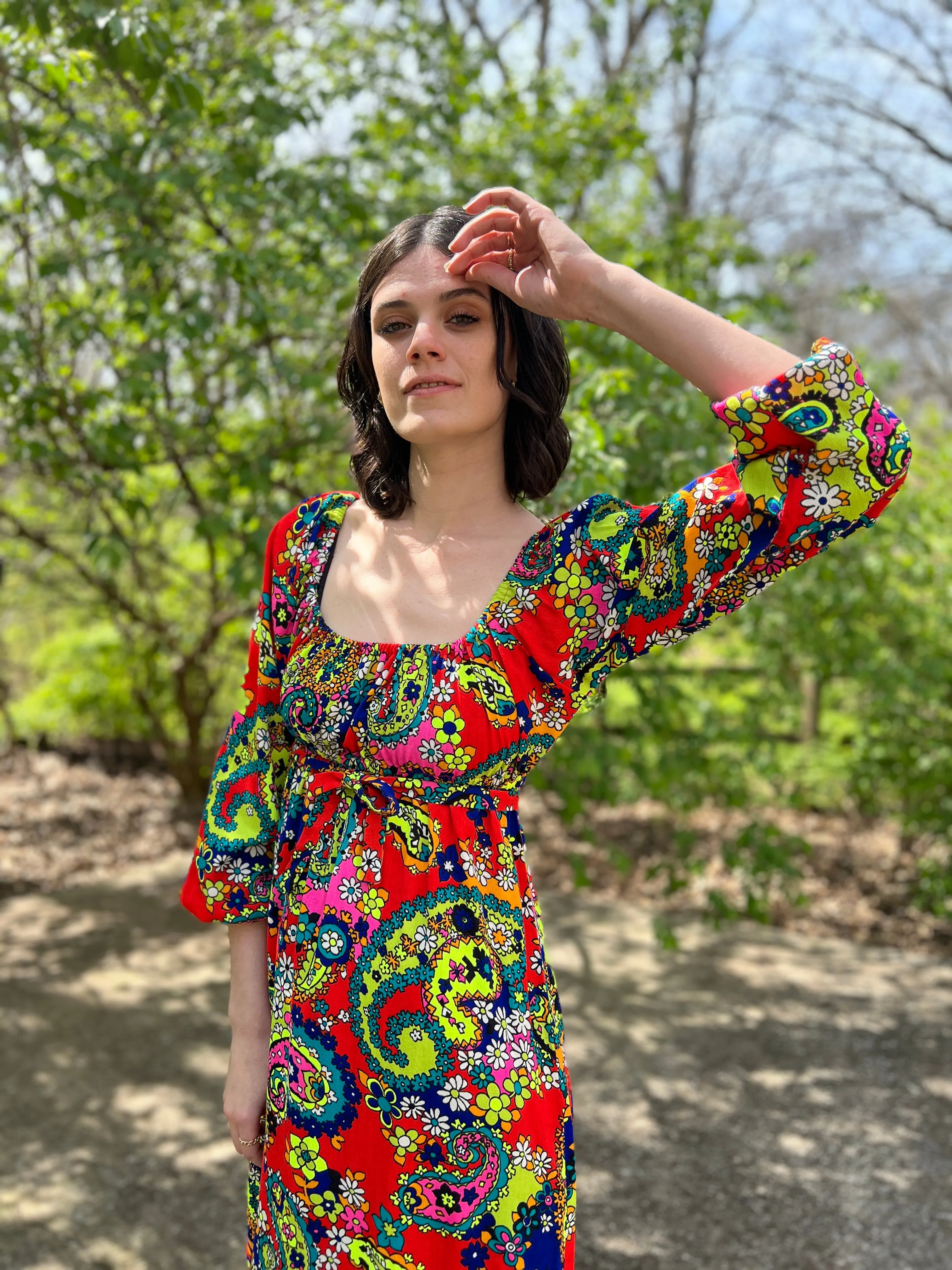 60s Red Floral Paisley Vintage Maxi Dress