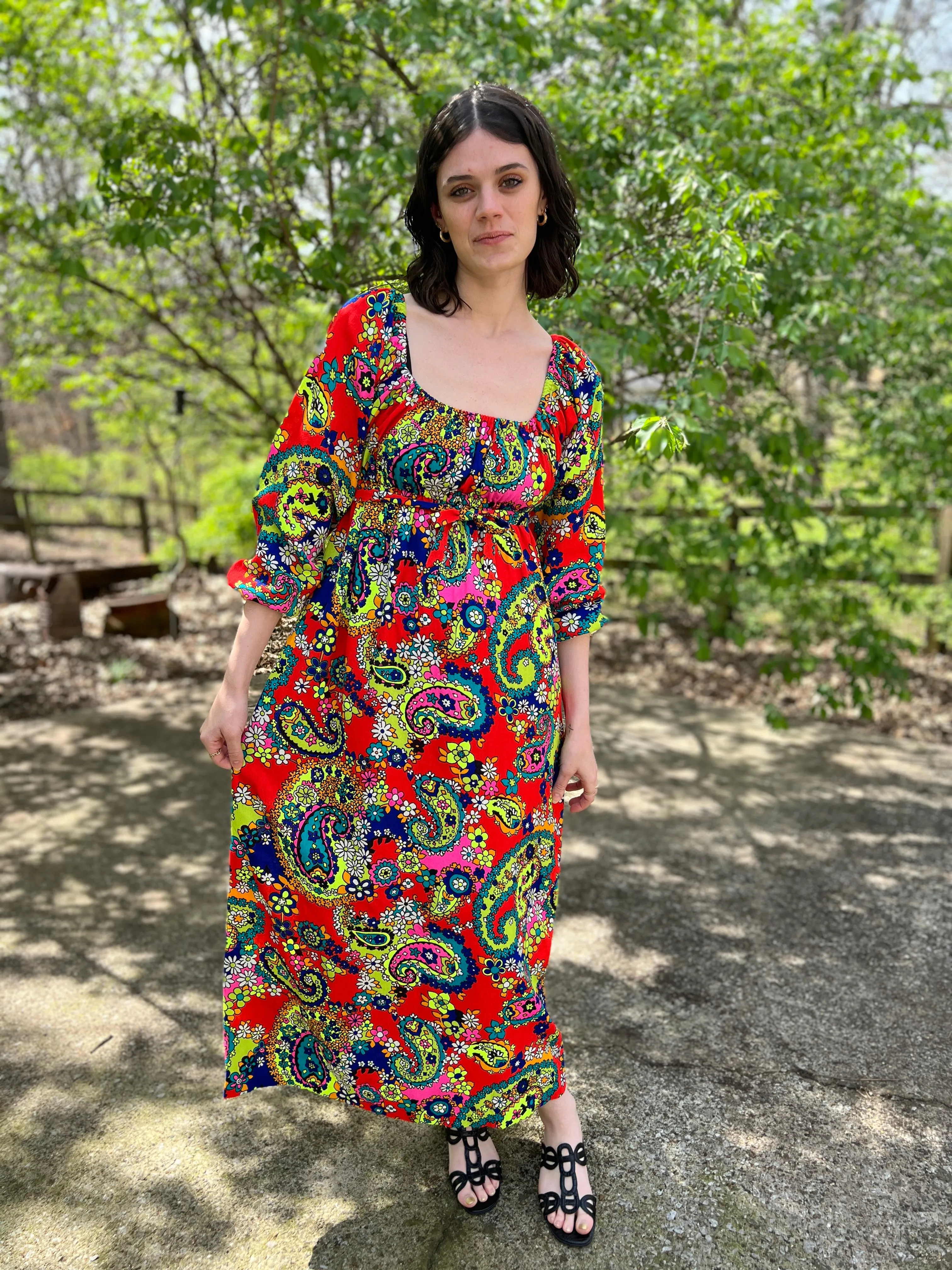60s Red Floral Paisley Vintage Maxi Dress