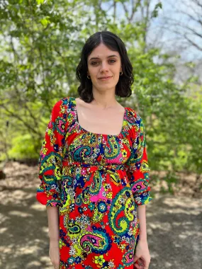60s Red Floral Paisley Vintage Maxi Dress