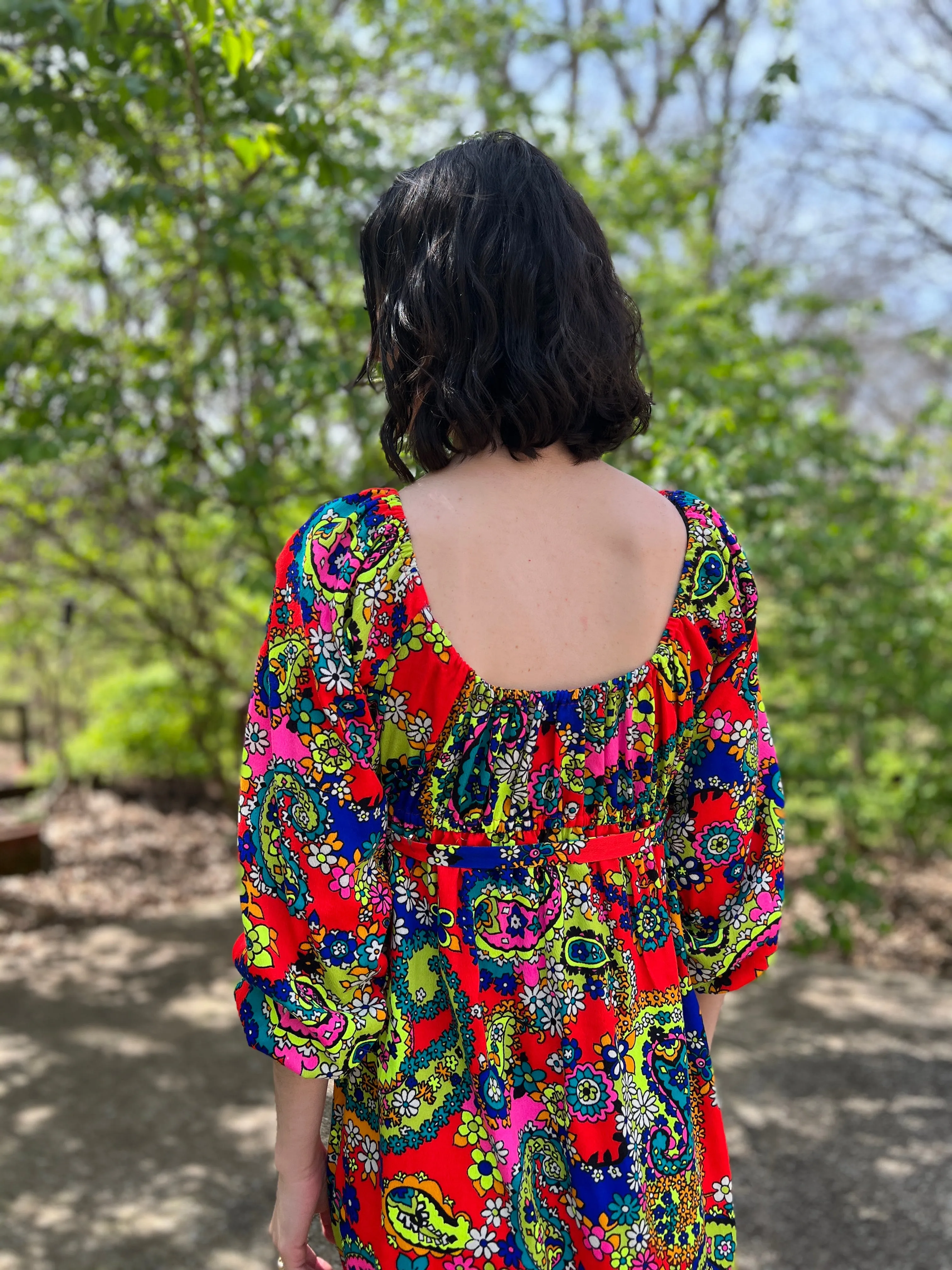 60s Red Floral Paisley Vintage Maxi Dress