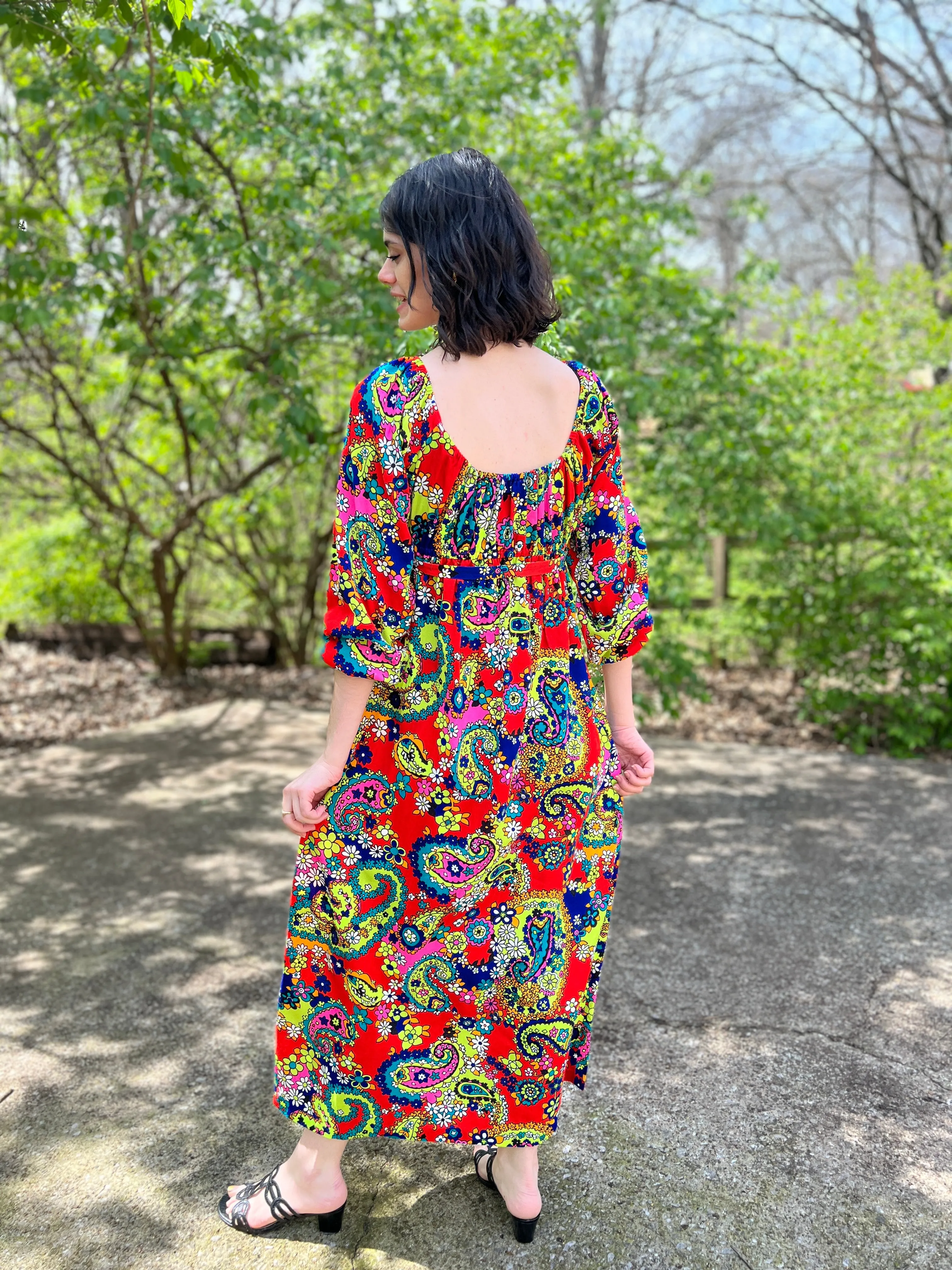 60s Red Floral Paisley Vintage Maxi Dress