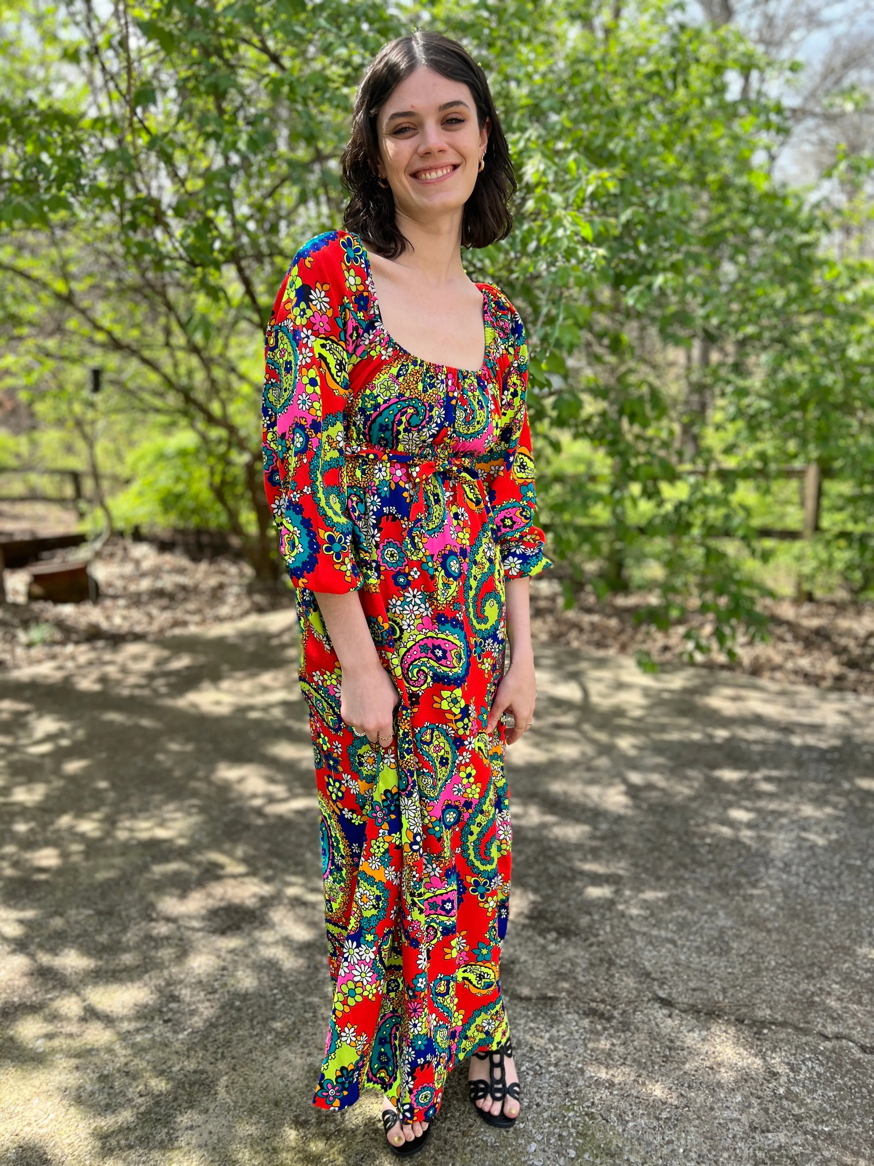 60s Red Floral Paisley Vintage Maxi Dress