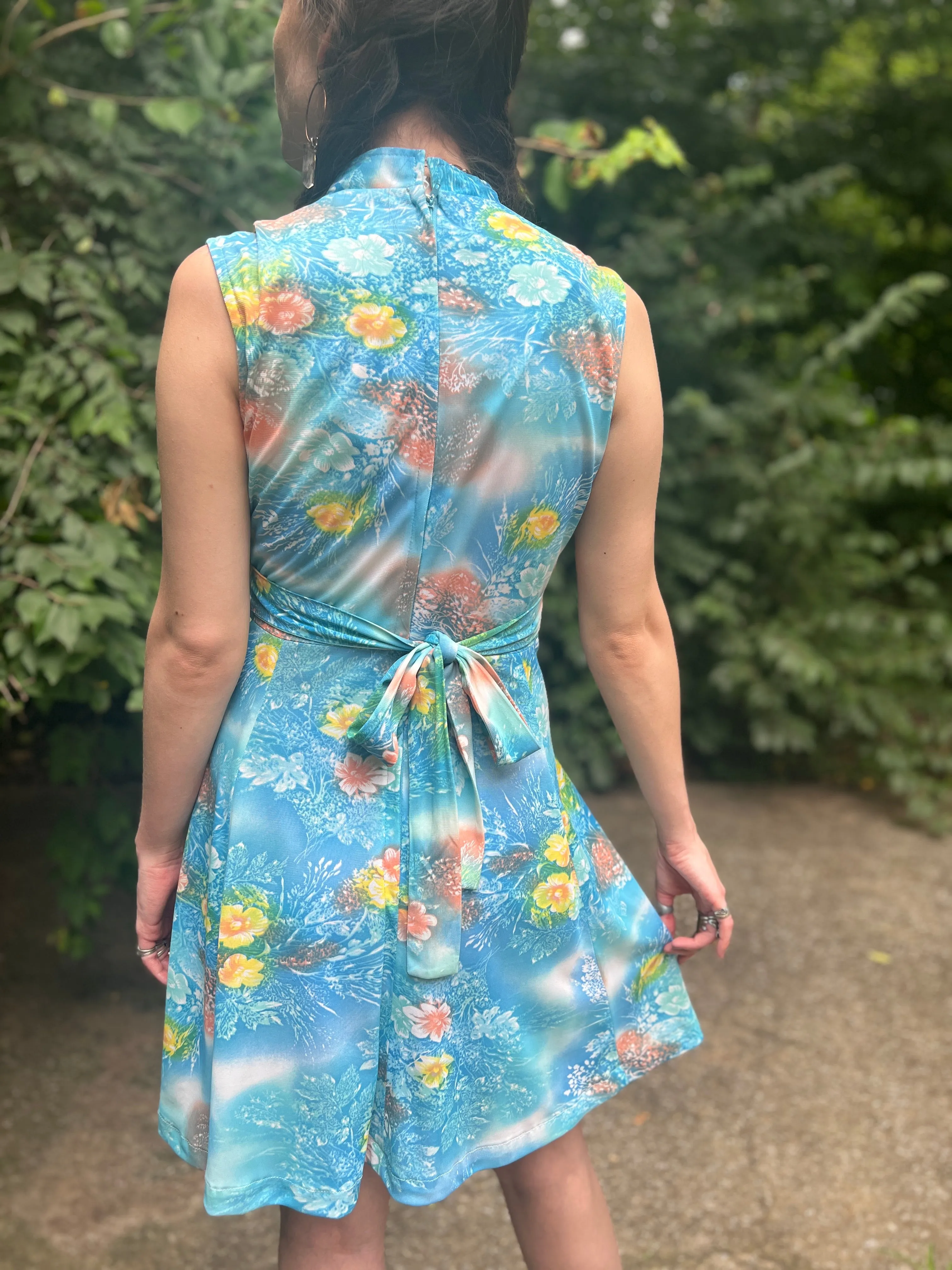 70s Blue Yellow Floral Photo Fabric Nylon Mini Dress
