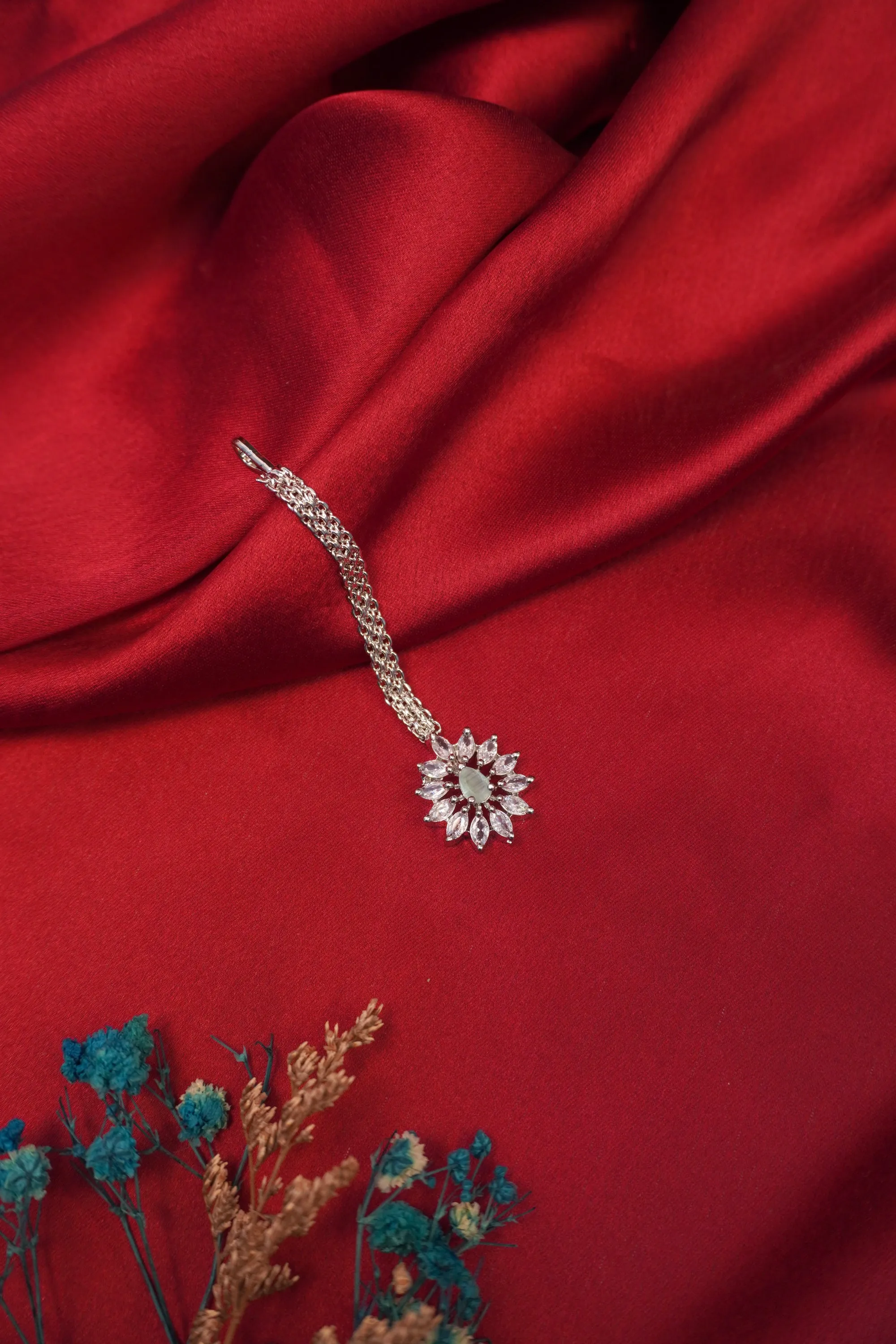 American Diamond Cyan Floral Maangtikka