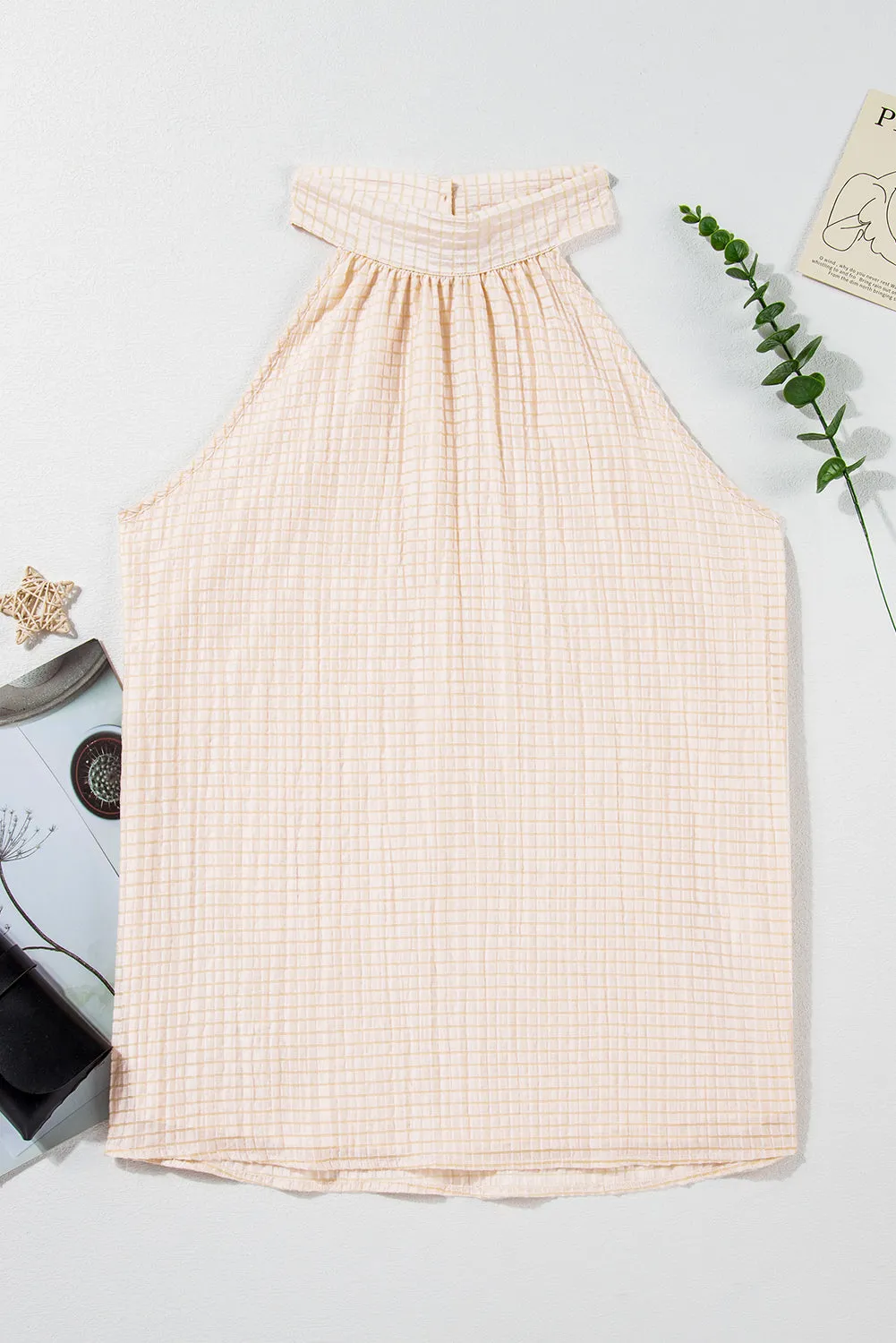 Apricot Textured Halter Neck Button Up Sleeveless Top with Keyhole Back
