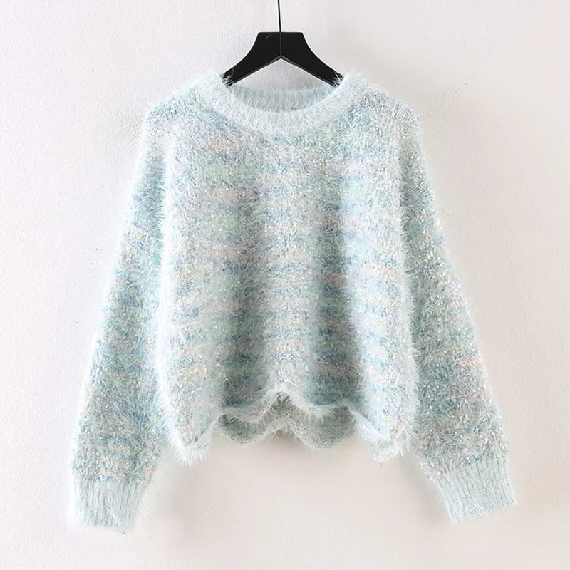 Autumn Colorful Sweater Women Pullover round Neck Wave Hem Sweater Thick Soft Glutinous Waterproof Marten Top