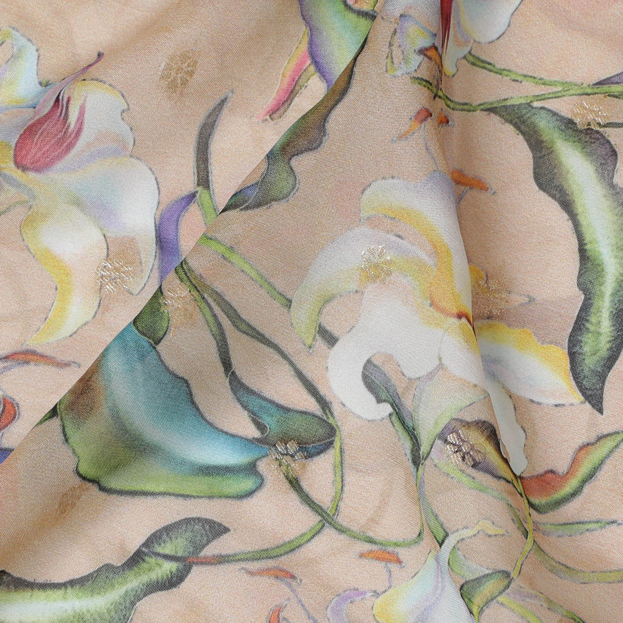 Beige Synthetic Organza Fabric with Multicolor Floral Design, 110 cm Width-D19704