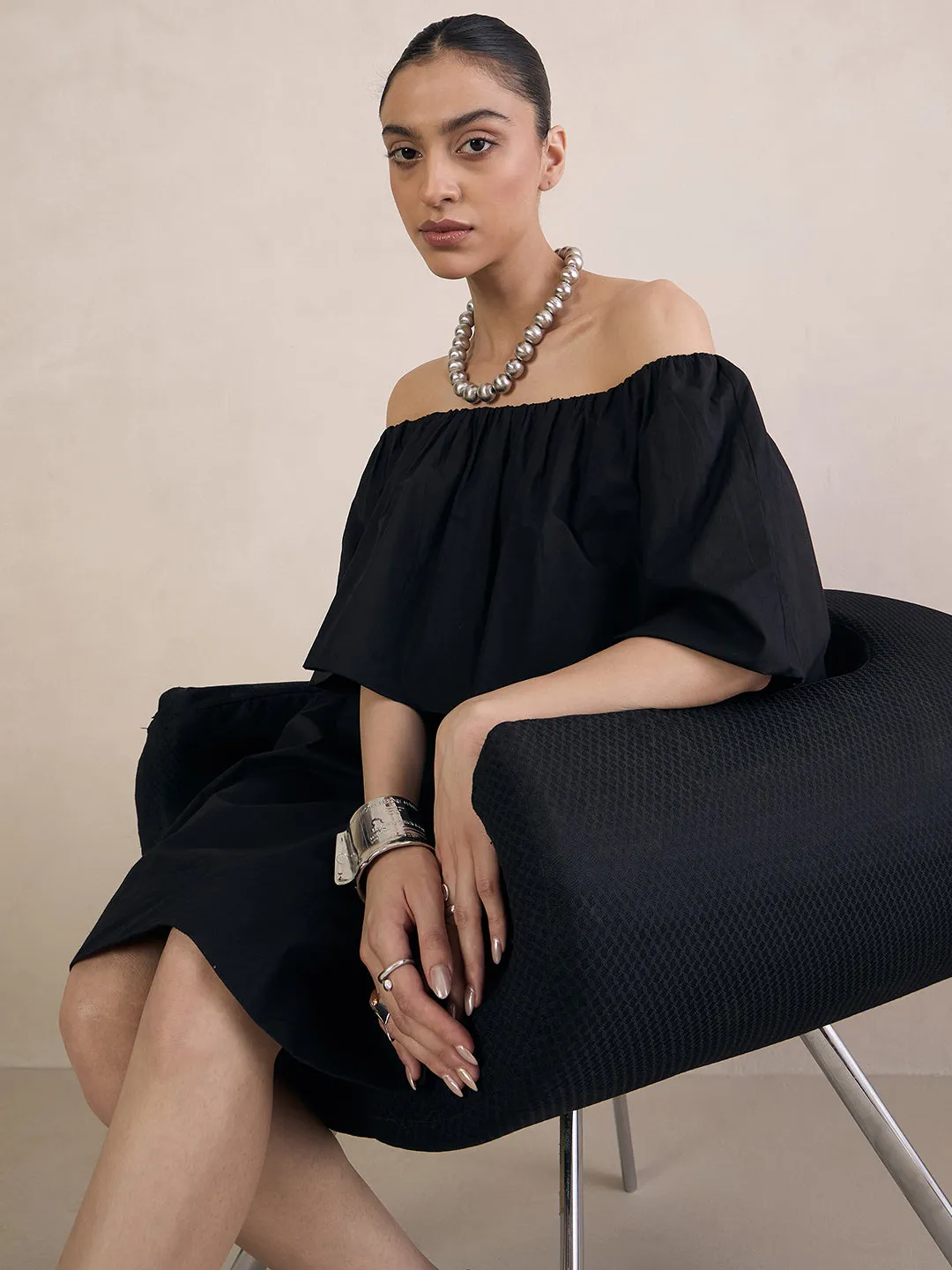 Black Poplin Off-Shoulder Mini Dress