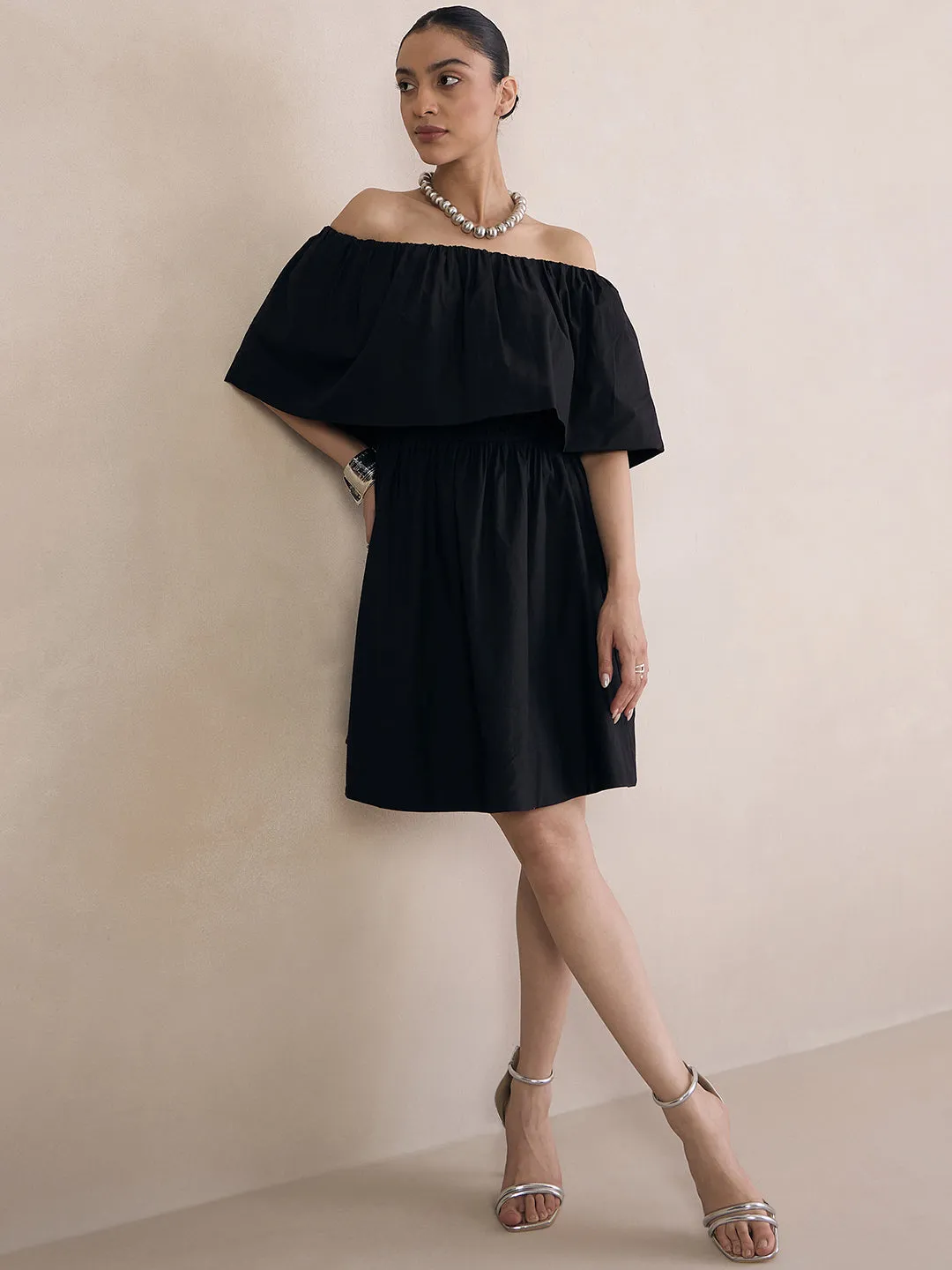 Black Poplin Off-Shoulder Mini Dress