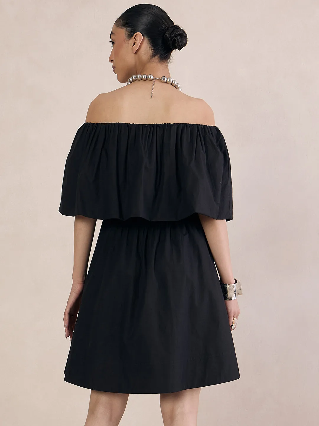 Black Poplin Off-Shoulder Mini Dress