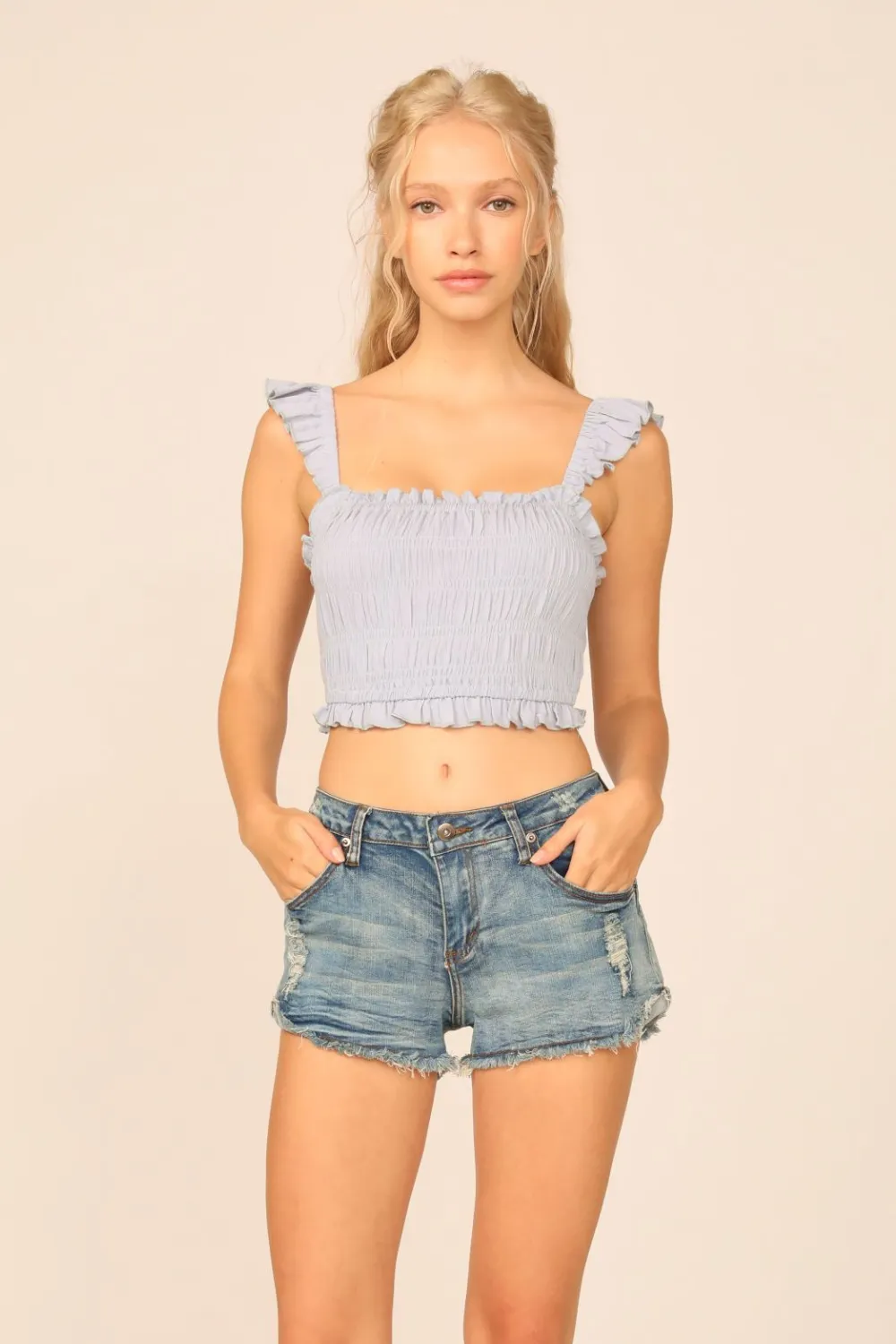 Blue Jean Washed Crepe Smocked Bodice Tank