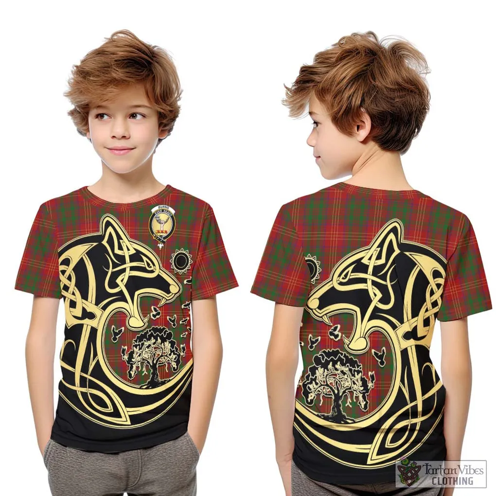 Burns Tartan Kid T-Shirt with Family Crest Celtic Wolf Style