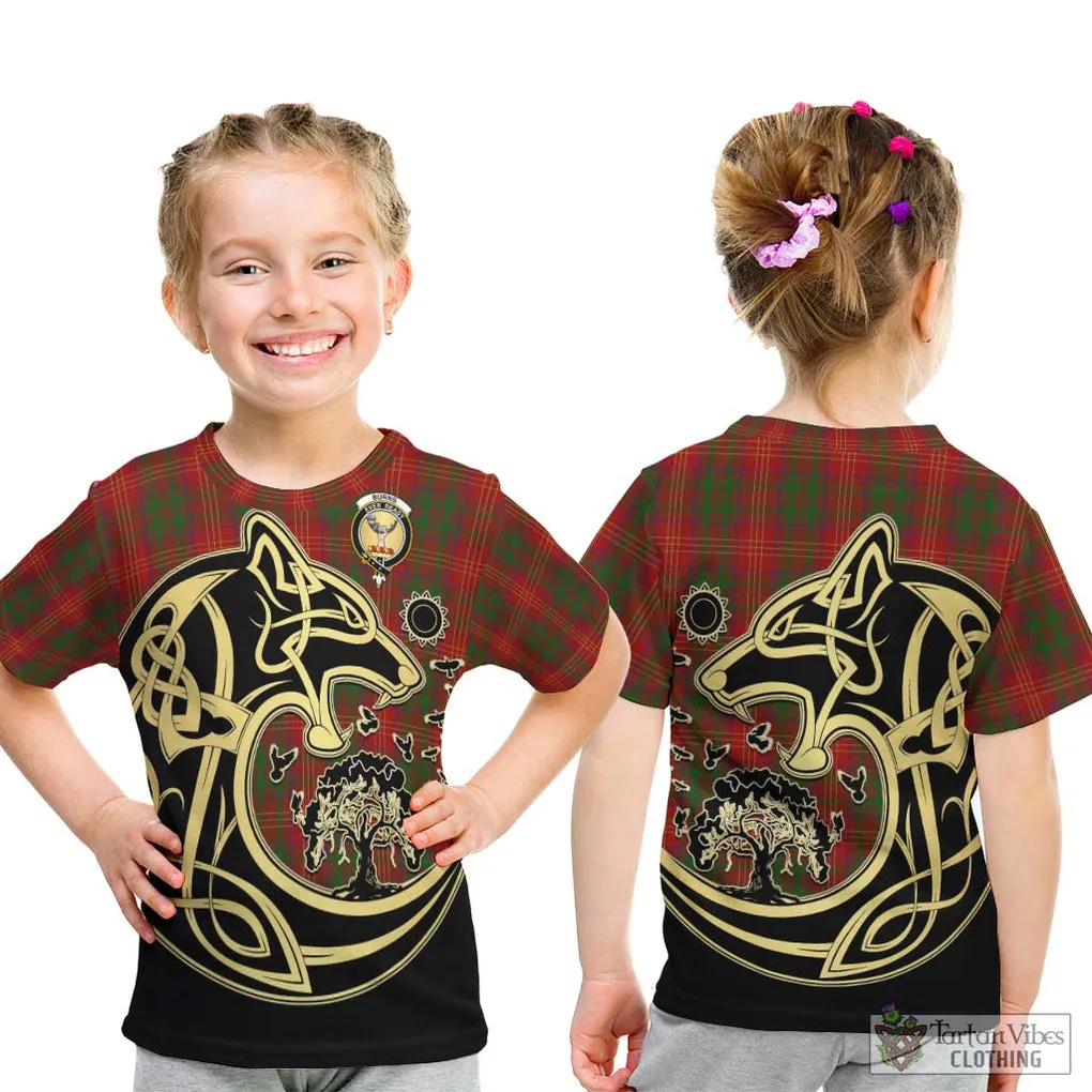 Burns Tartan Kid T-Shirt with Family Crest Celtic Wolf Style