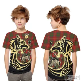 Burns Tartan Kid T-Shirt with Family Crest Celtic Wolf Style