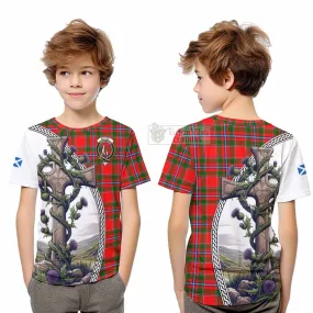 Butter Tartan Kid T-Shirt with Family Crest and St. Andrew's Cross Accented by Thistle Vines