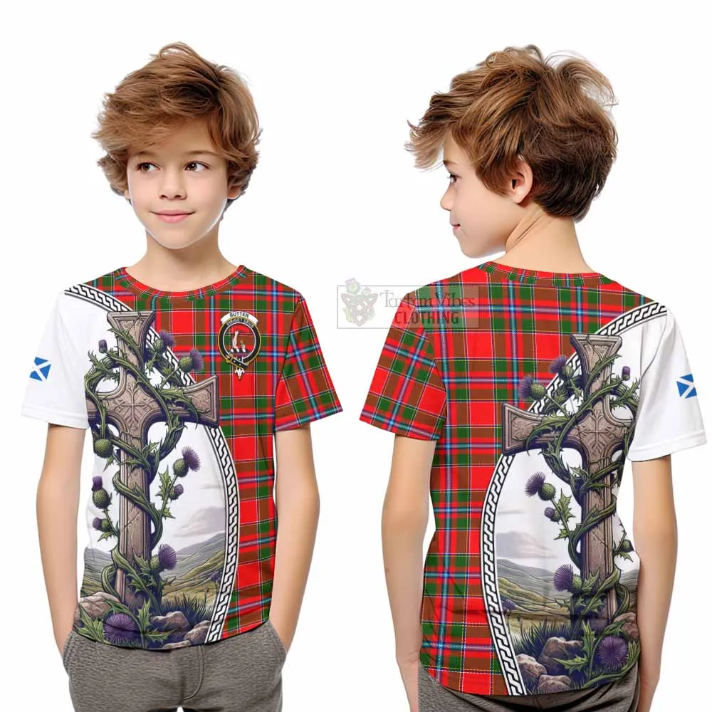 Butter Tartan Kid T-Shirt with Family Crest and St. Andrew's Cross Accented by Thistle Vines