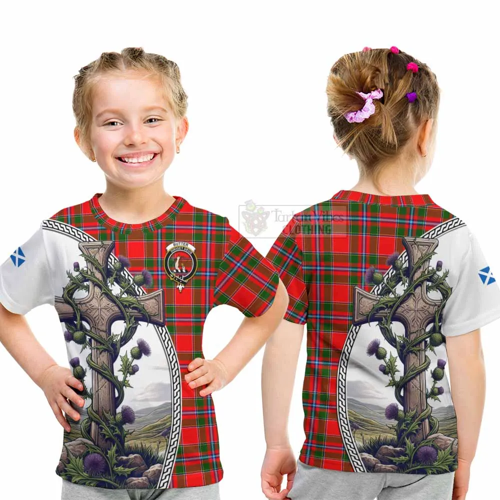 Butter Tartan Kid T-Shirt with Family Crest and St. Andrew's Cross Accented by Thistle Vines