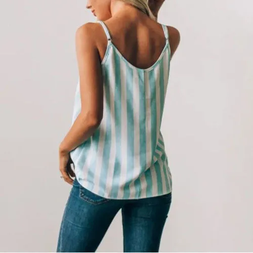 Casual Adjustable Spaghetti Striped Button Down Tank Top  Swing Vest