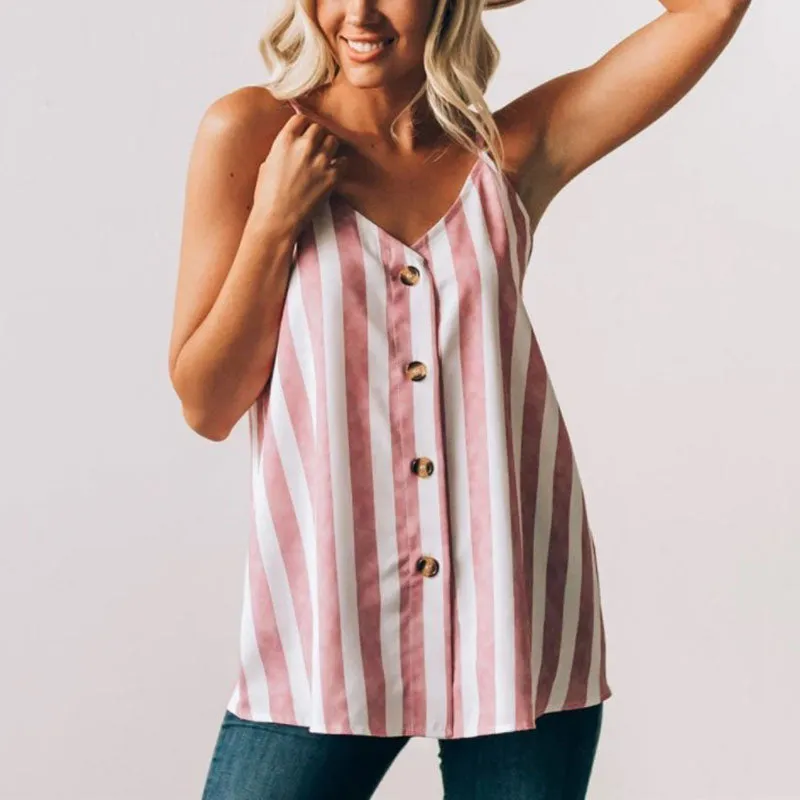 Casual Adjustable Spaghetti Striped Button Down Tank Top  Swing Vest