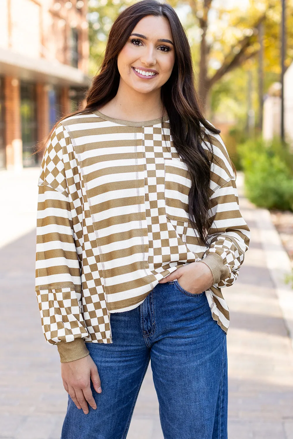 Checkerboard Striped Pocketed Blouse