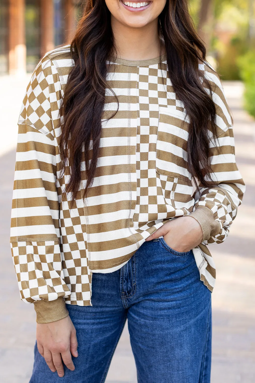 Checkerboard Striped Pocketed Blouse