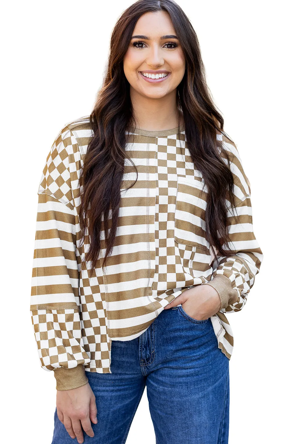 Checkerboard Striped Pocketed Blouse