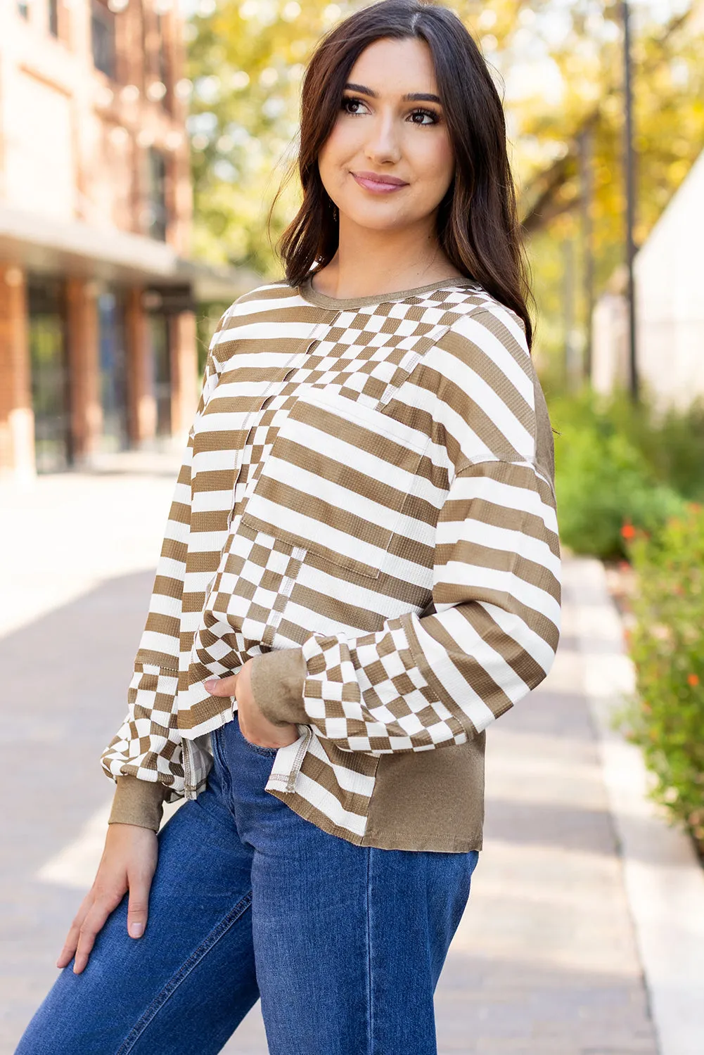 Checkerboard Striped Pocketed Blouse