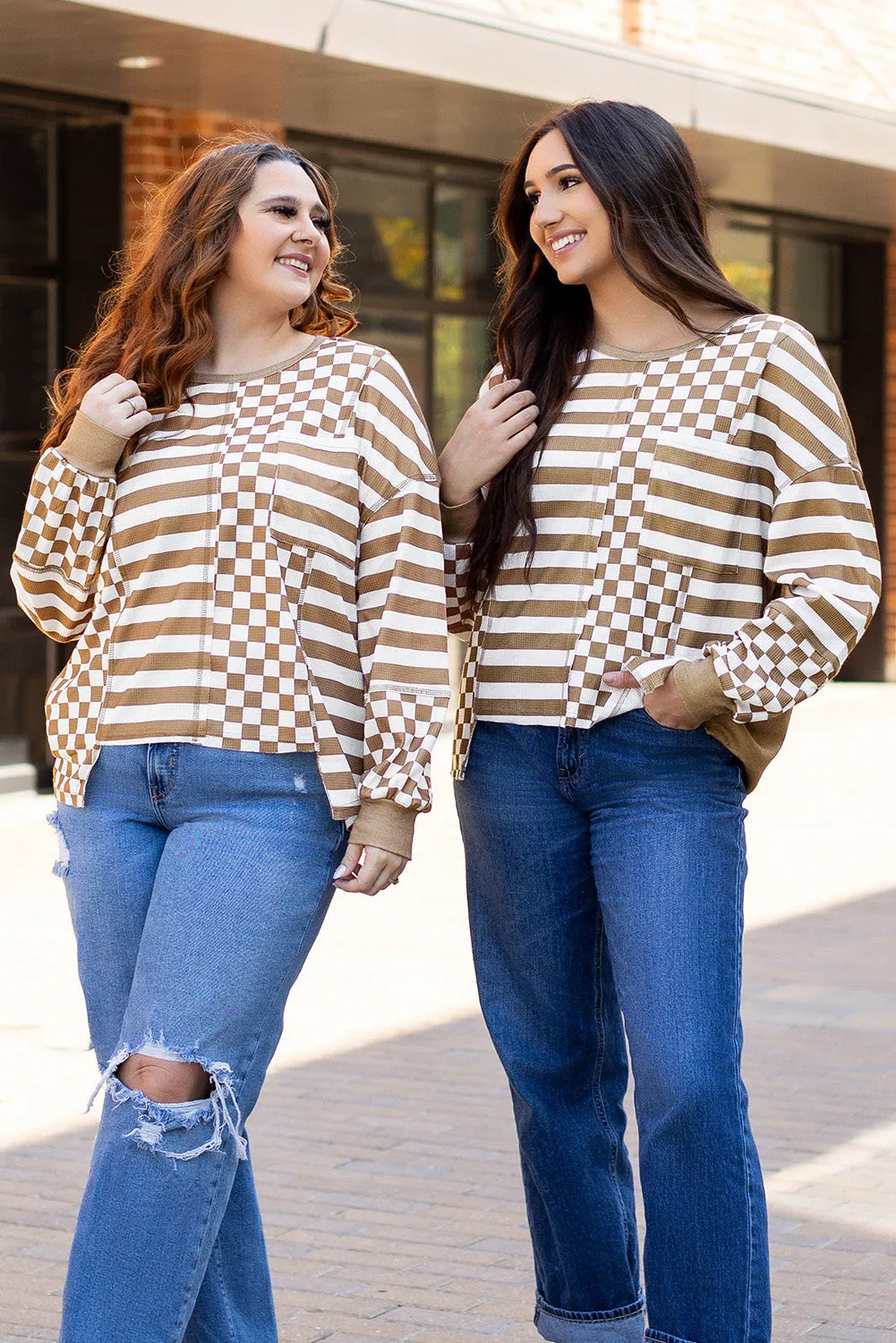 Checkerboard Striped Pocketed Blouse