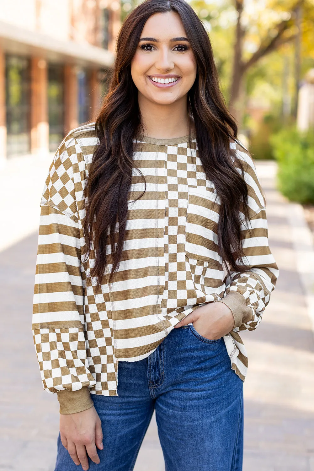 Checkerboard Striped Pocketed Blouse