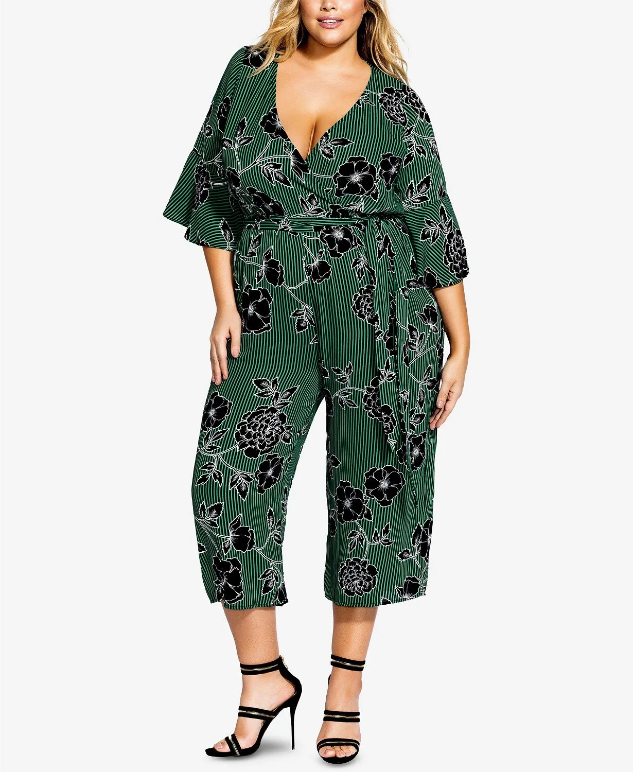 City Chic Trendy Plus Size Varsity Striped Floral-Print Jumpsuit