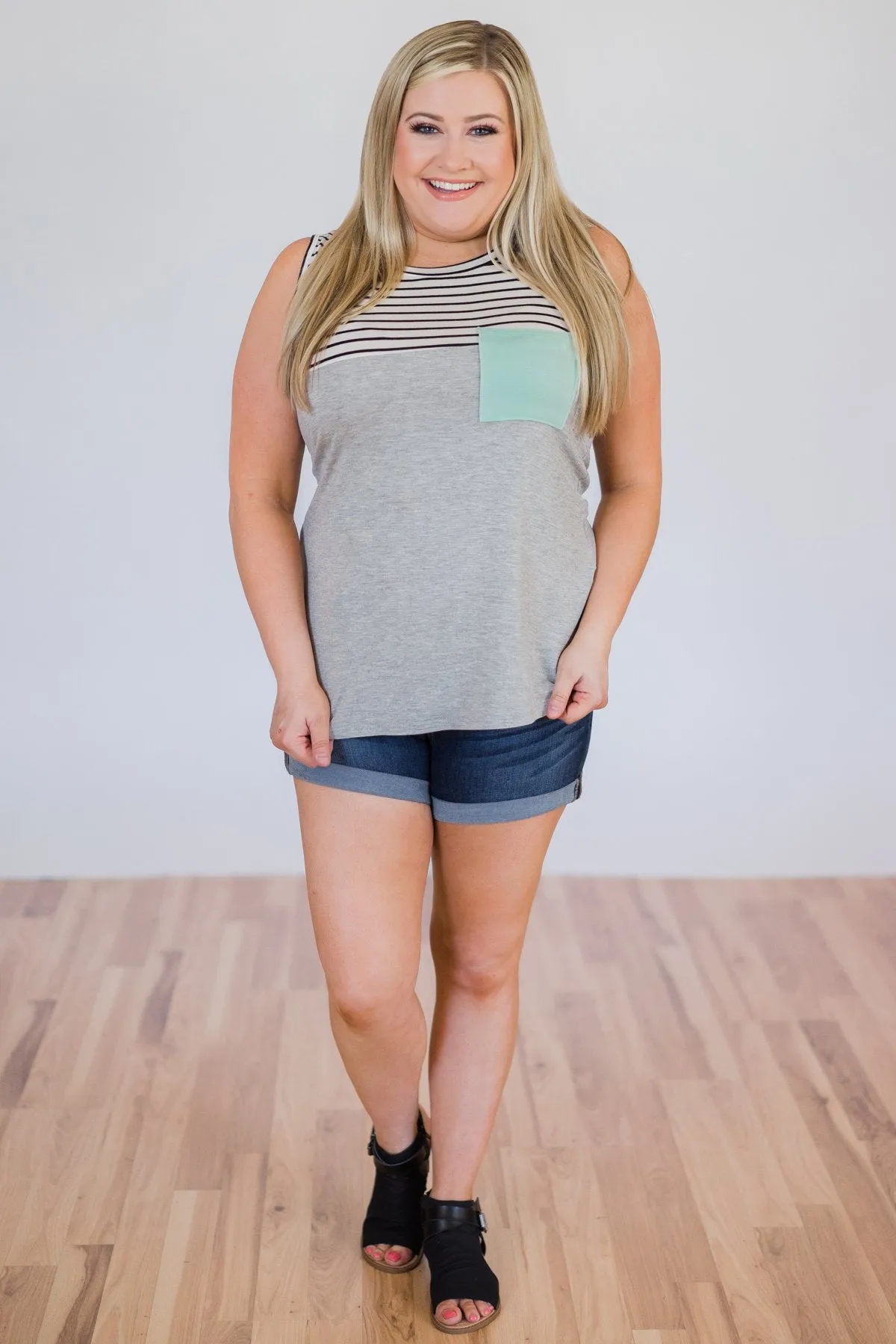 Day by Day Striped Pocket Tank Top- Mint