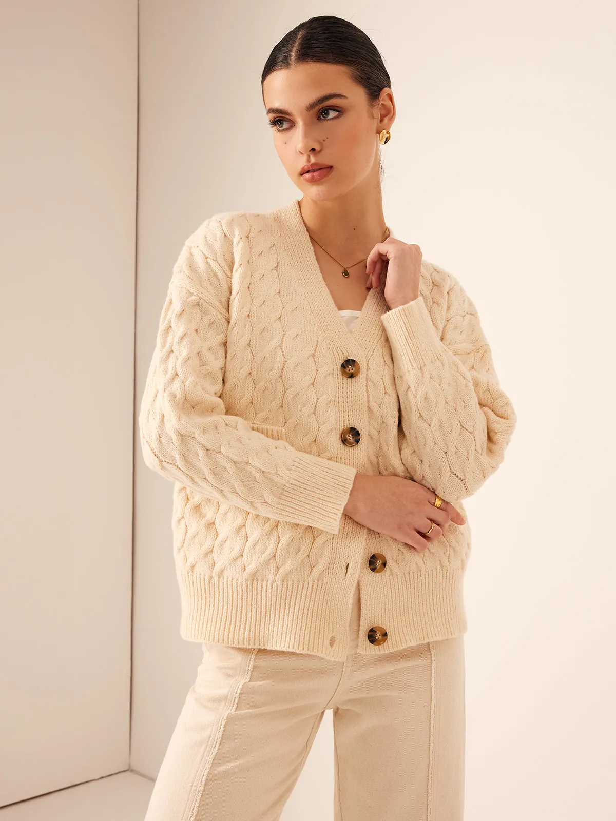 Elegant V-Neck Ribbed Cable Cardigan