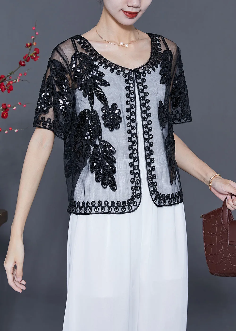 Fashion Black Sequins Embroideried Tulle Cardigans Summer LY5582