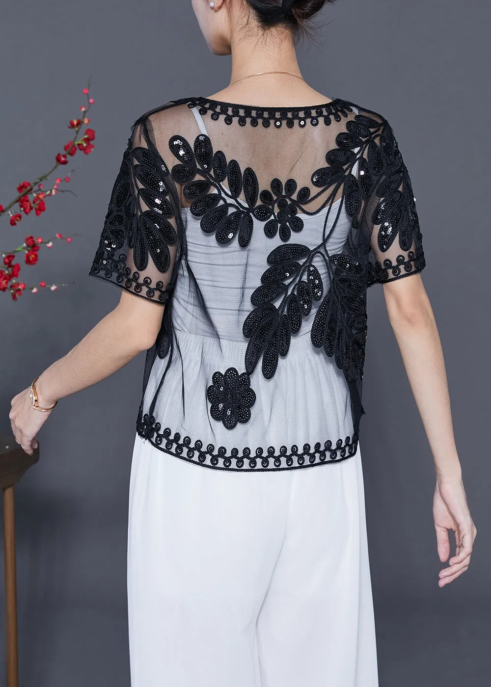 Fashion Black Sequins Embroideried Tulle Cardigans Summer LY5582