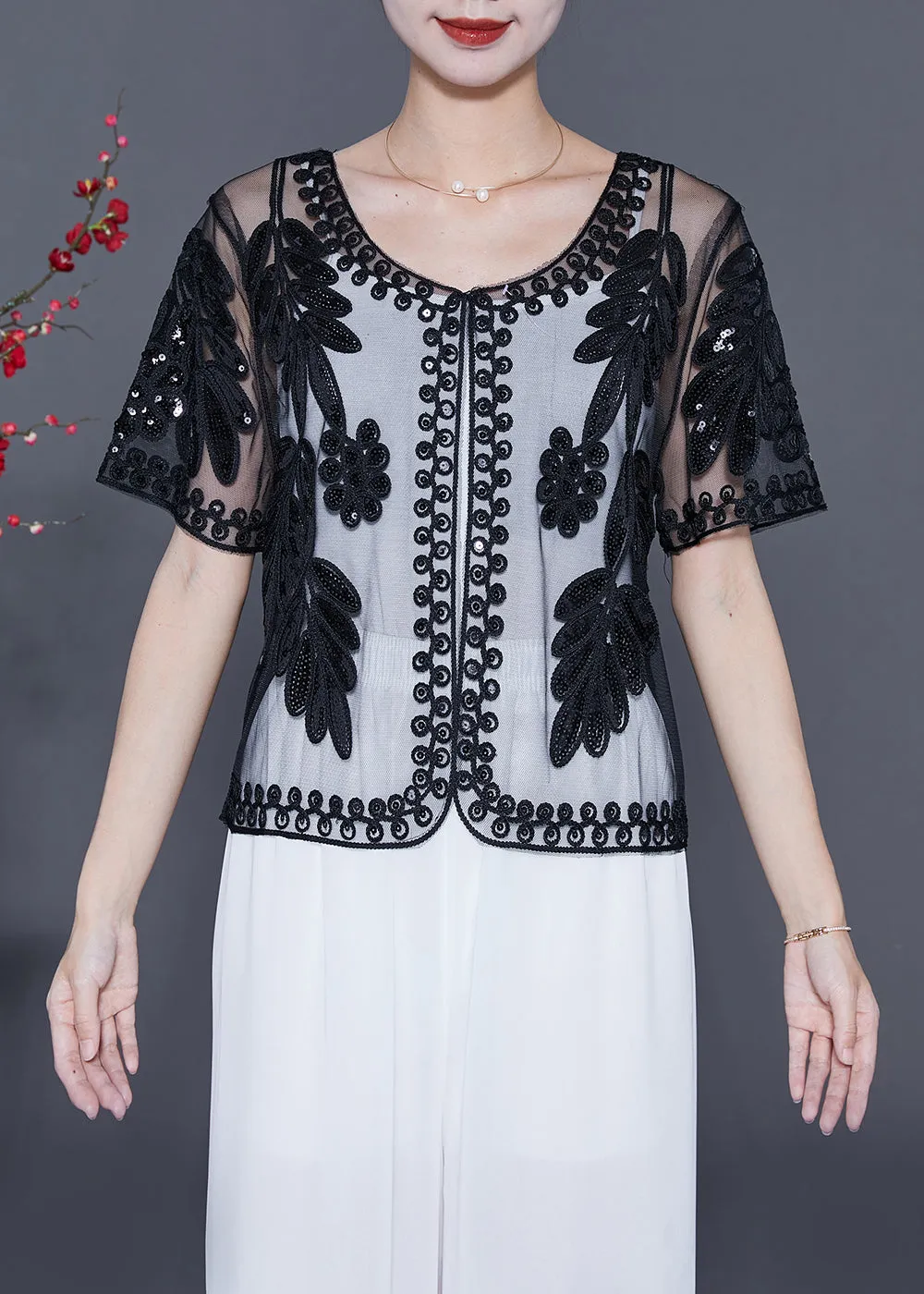 Fashion Black Sequins Embroideried Tulle Cardigans Summer LY5582
