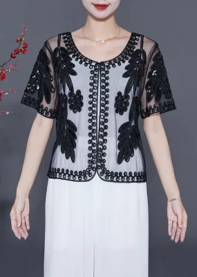 Fashion Black Sequins Embroideried Tulle Cardigans Summer LY5582