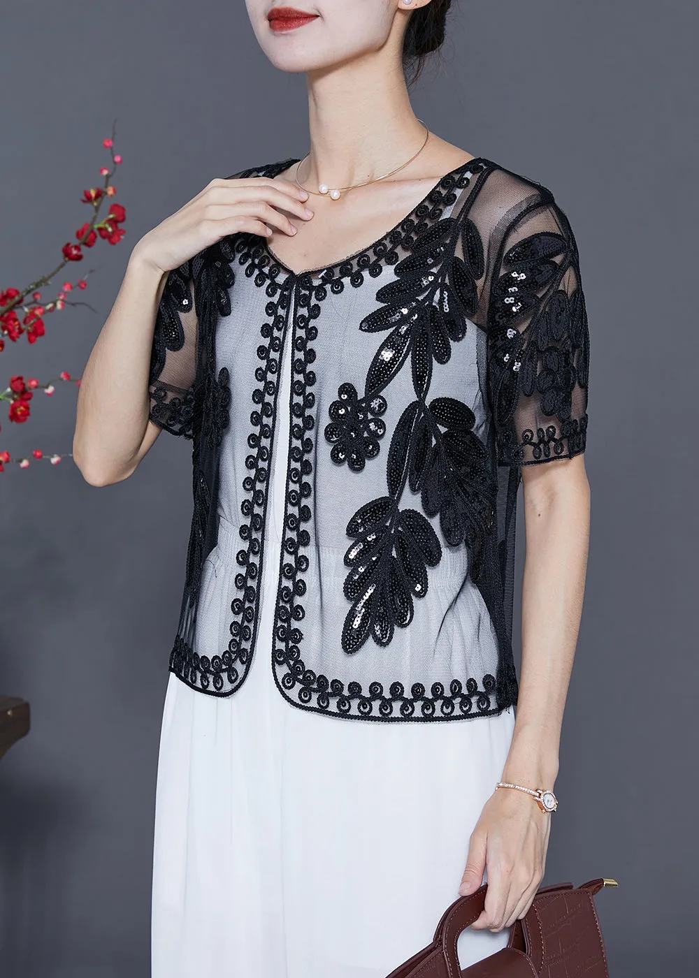 Fashion Black Sequins Embroideried Tulle Cardigans Summer LY5582