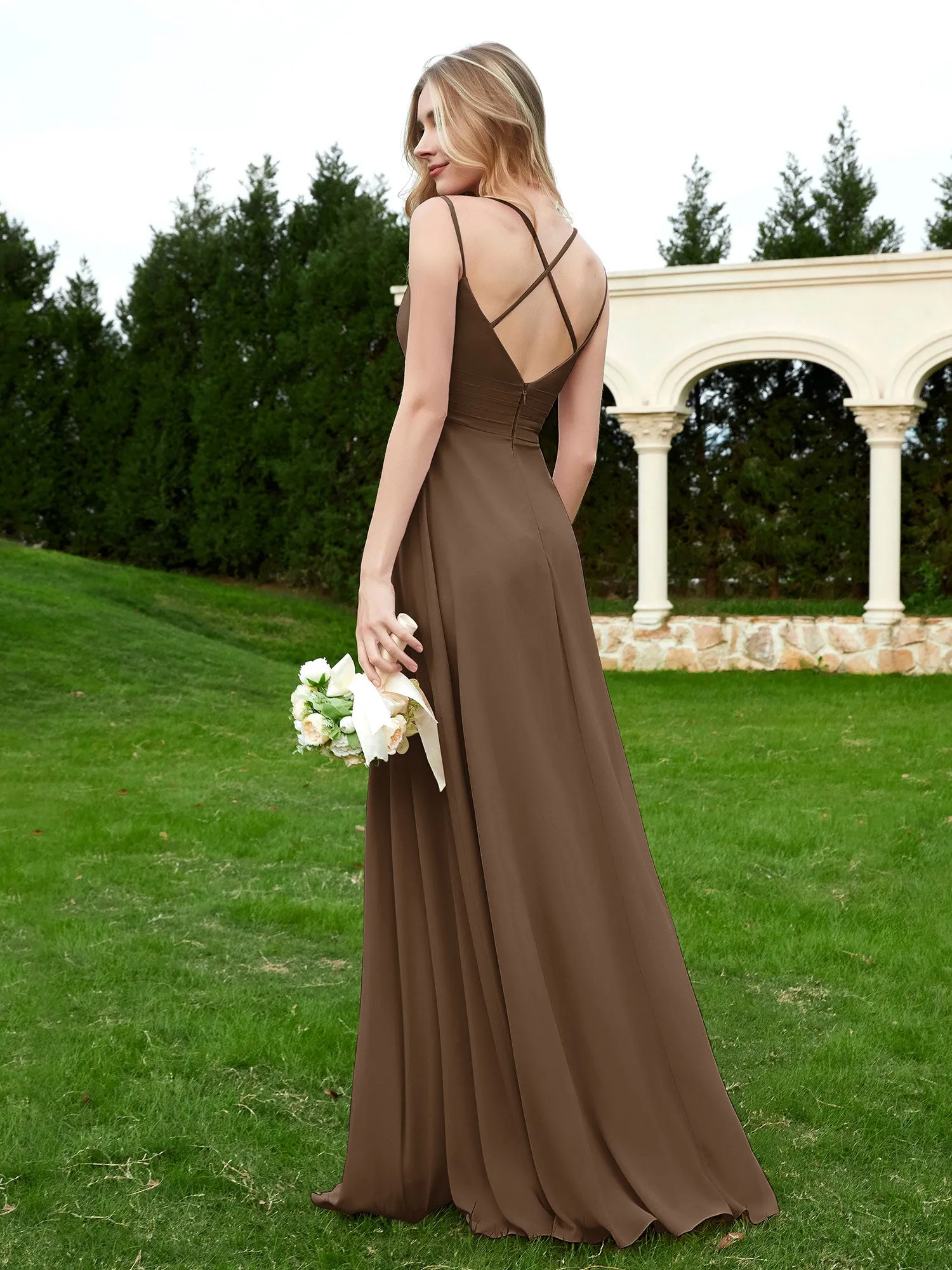Floor Length V Neck Chiffon Bridesmaid Gown Brown