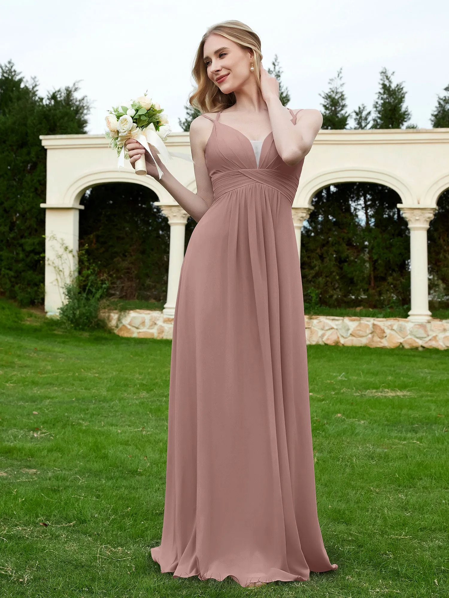 Floor Length V Neck Chiffon Bridesmaid Gown Vintage Mauve