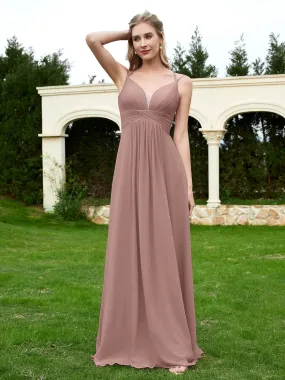 Floor Length V Neck Chiffon Bridesmaid Gown Vintage Mauve