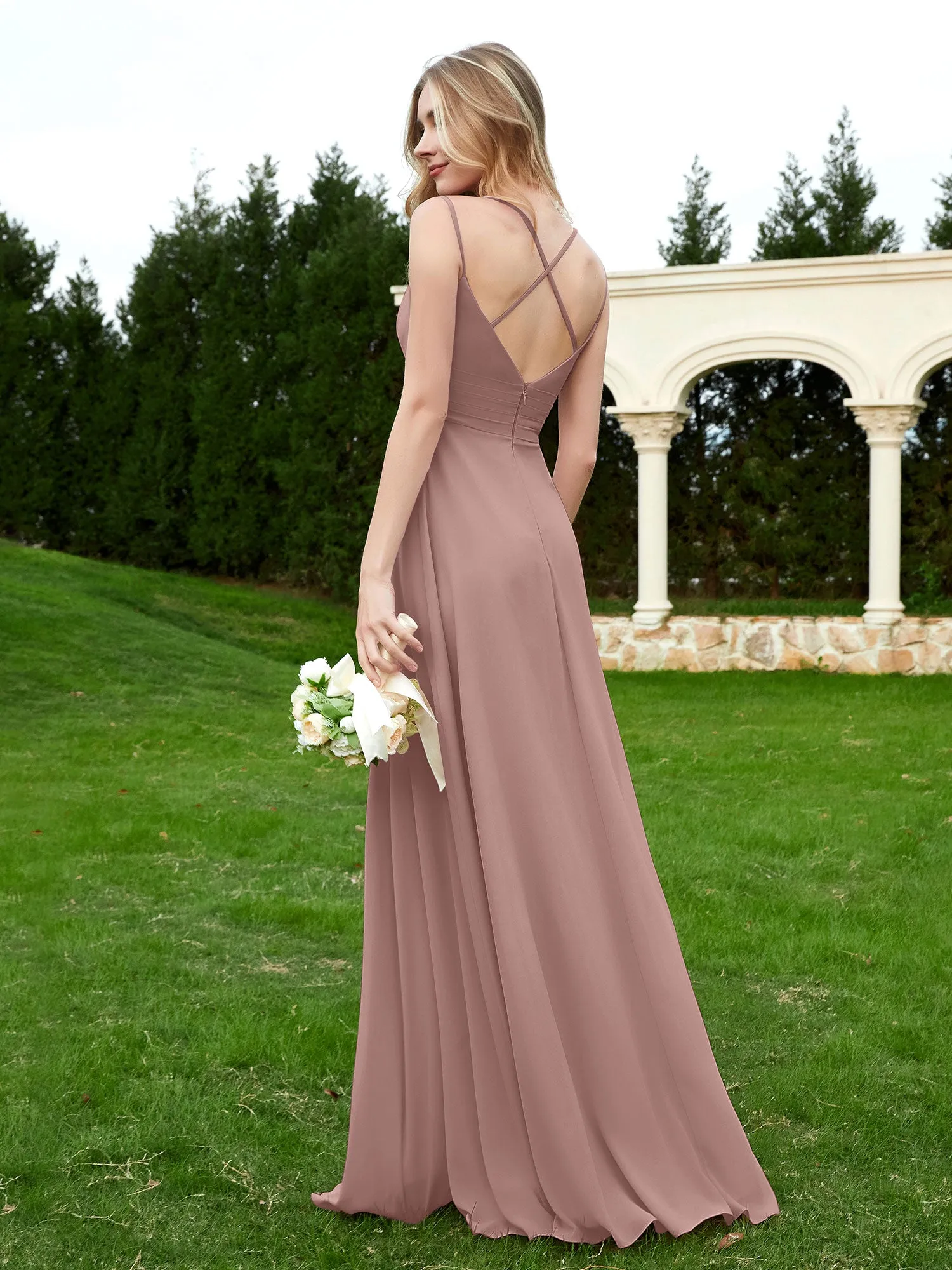 Floor Length V Neck Chiffon Bridesmaid Gown Vintage Mauve